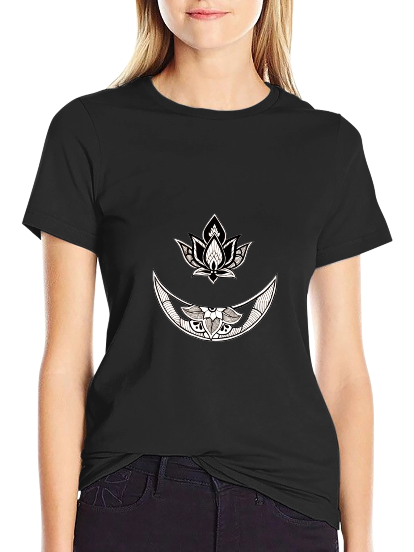 Black Graphic Tee with Moon & Lotus Design