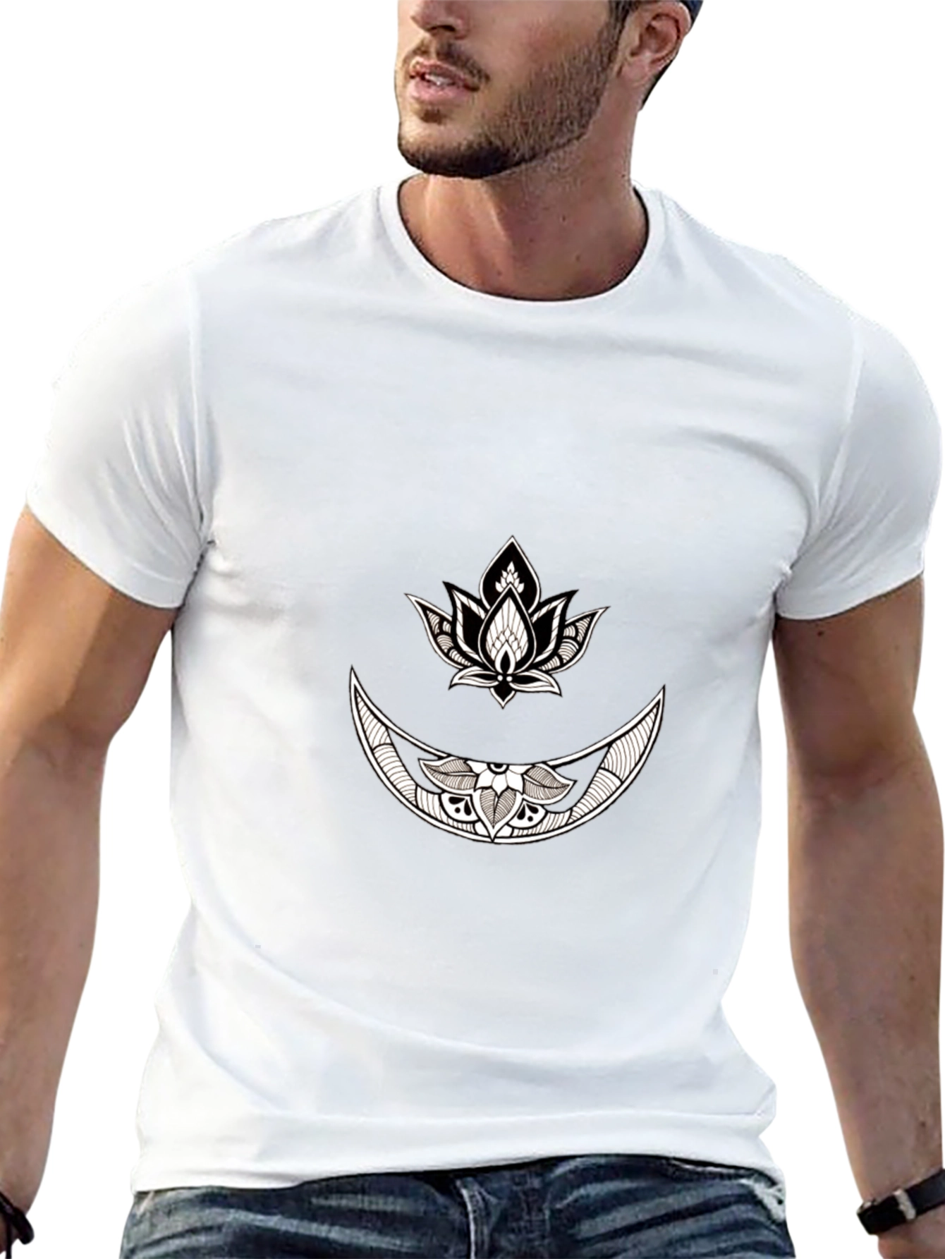 Black Graphic Tee with Moon & Lotus Design