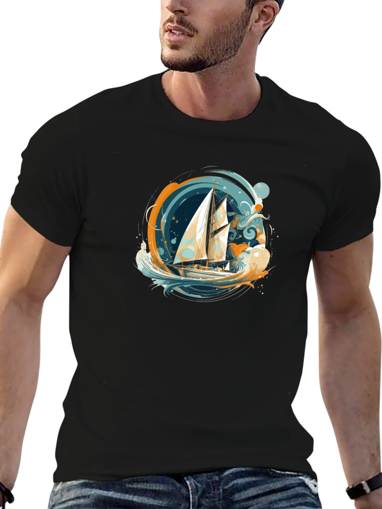 Nautical Sailboat Graphic Tee - Black