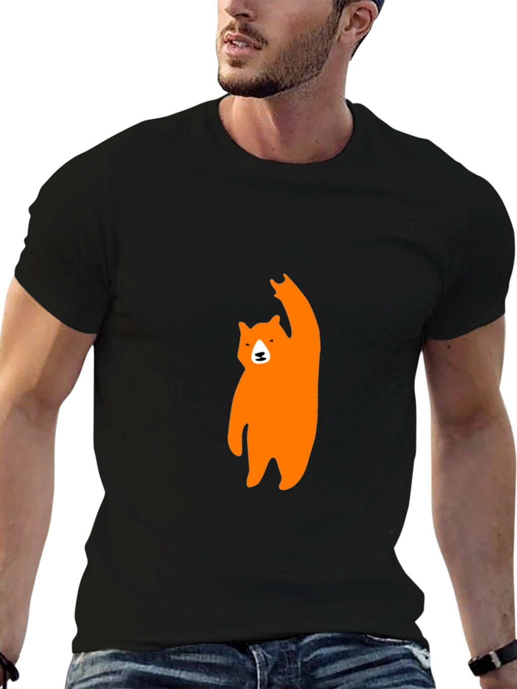 Mens Black T-Shirt with Orange Bear Graphic