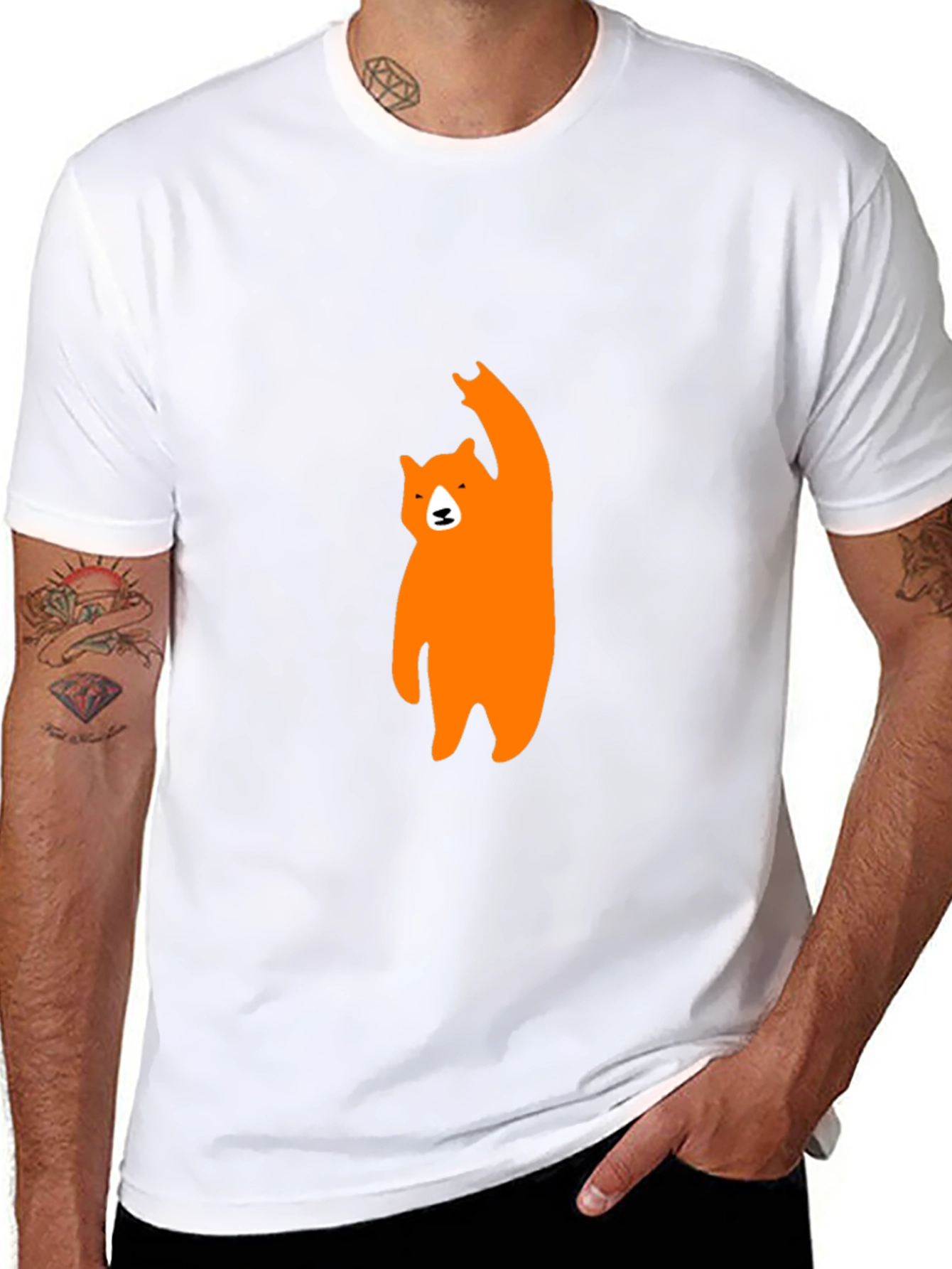 Mens Black T-Shirt with Orange Bear Graphic