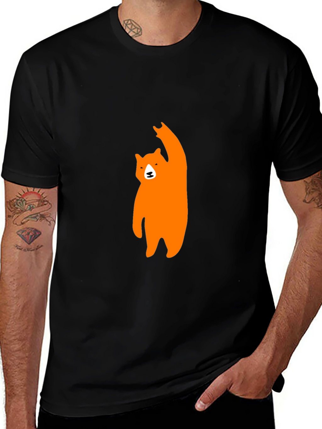 Mens Black T-Shirt with Orange Bear Graphic