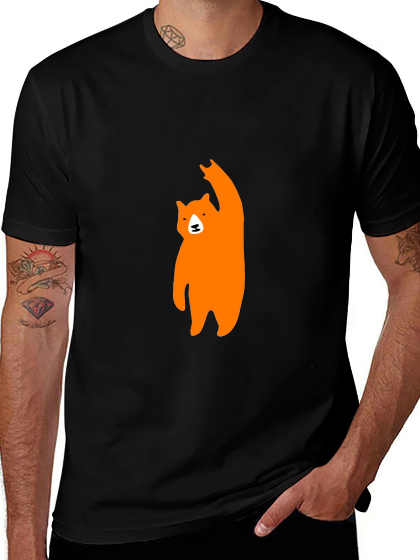 Mens Black T-Shirt with Orange Bear Graphic