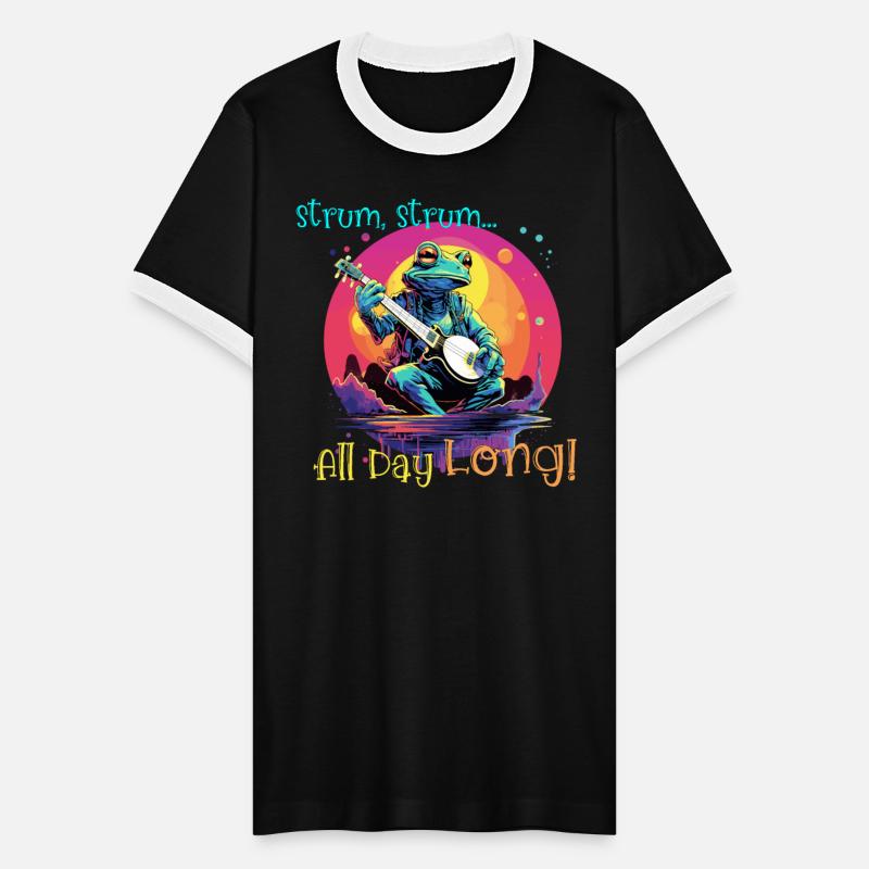 The frog plays the banjo, strum, all day long