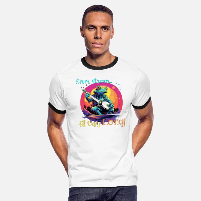 The frog plays the banjo, strum, all day long