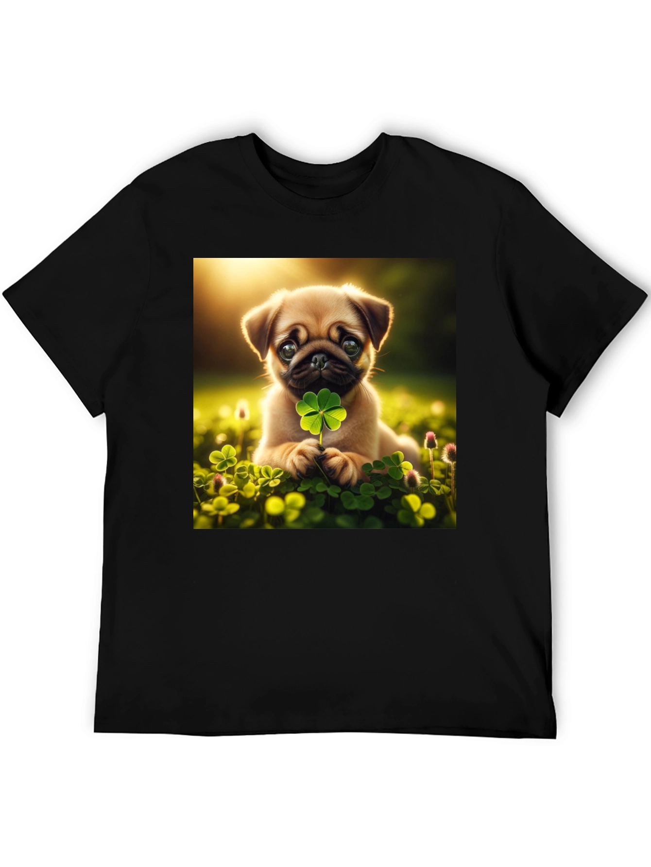 Lucky Pug Graphic Tee - Four Leaf Clover Design