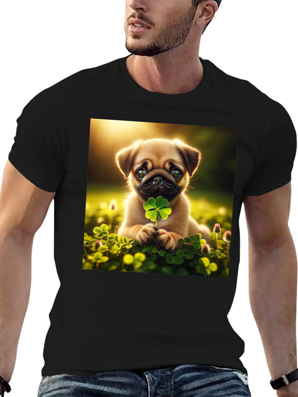Lucky Pug Graphic Tee - Four Leaf Clover Design