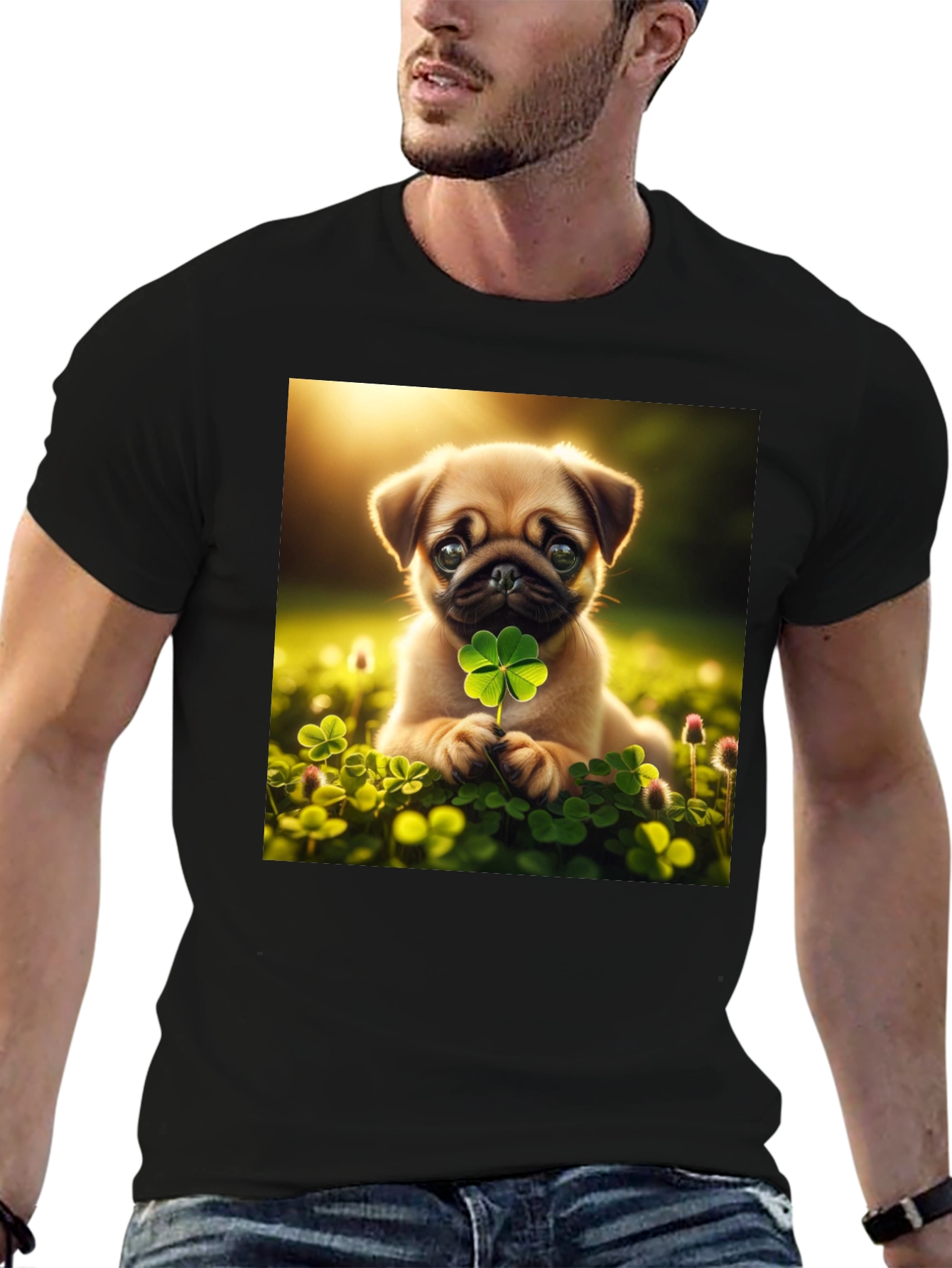 Lucky Pug Graphic Tee - Four Leaf Clover Design