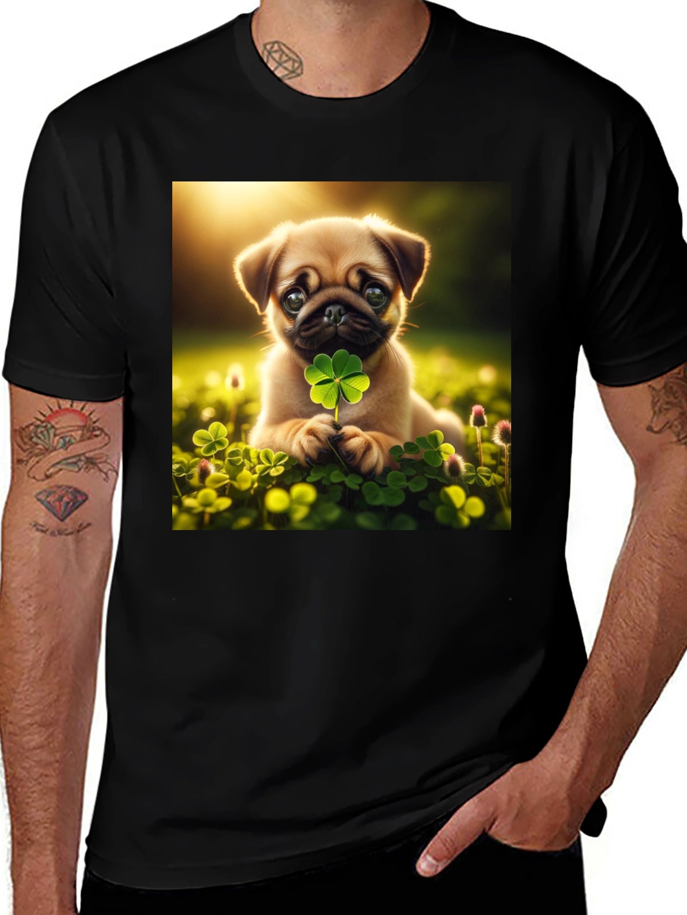 Lucky Pug Graphic Tee - Four Leaf Clover Design