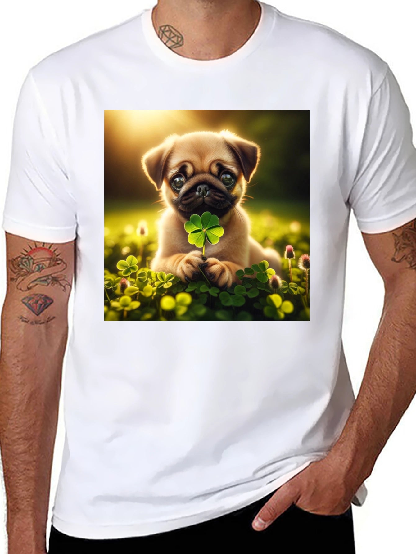 Lucky Pug Graphic Tee - Four Leaf Clover Design