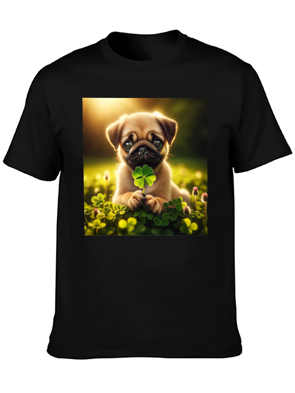 Lucky Pug Graphic Tee - Four Leaf Clover Design