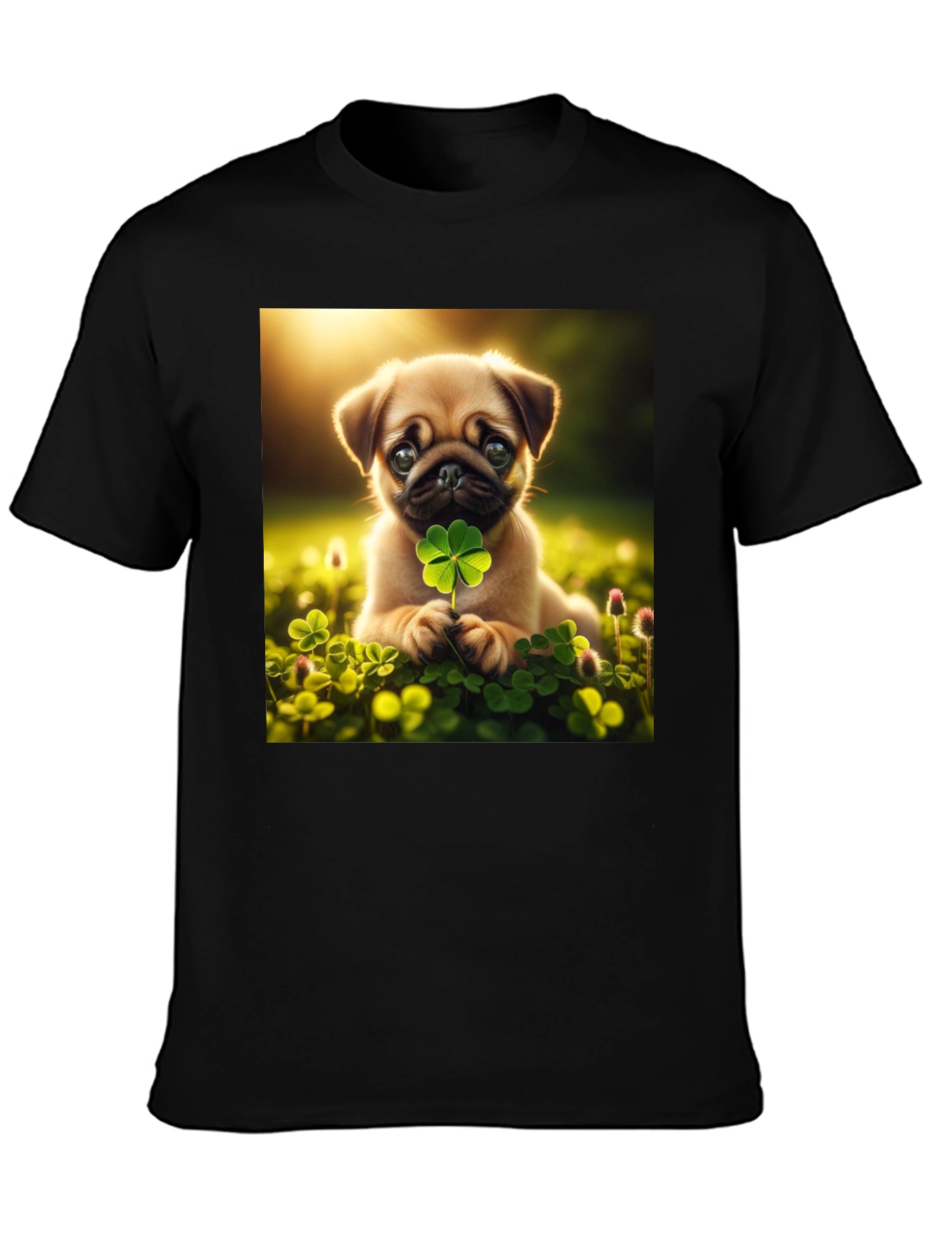Lucky Pug Graphic Tee - Four Leaf Clover Design