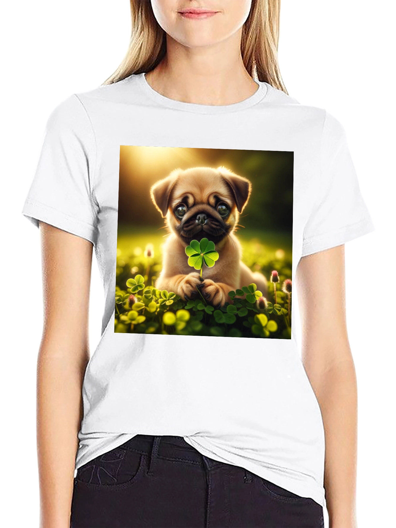 Lucky Pug Graphic Tee - Four Leaf Clover Design