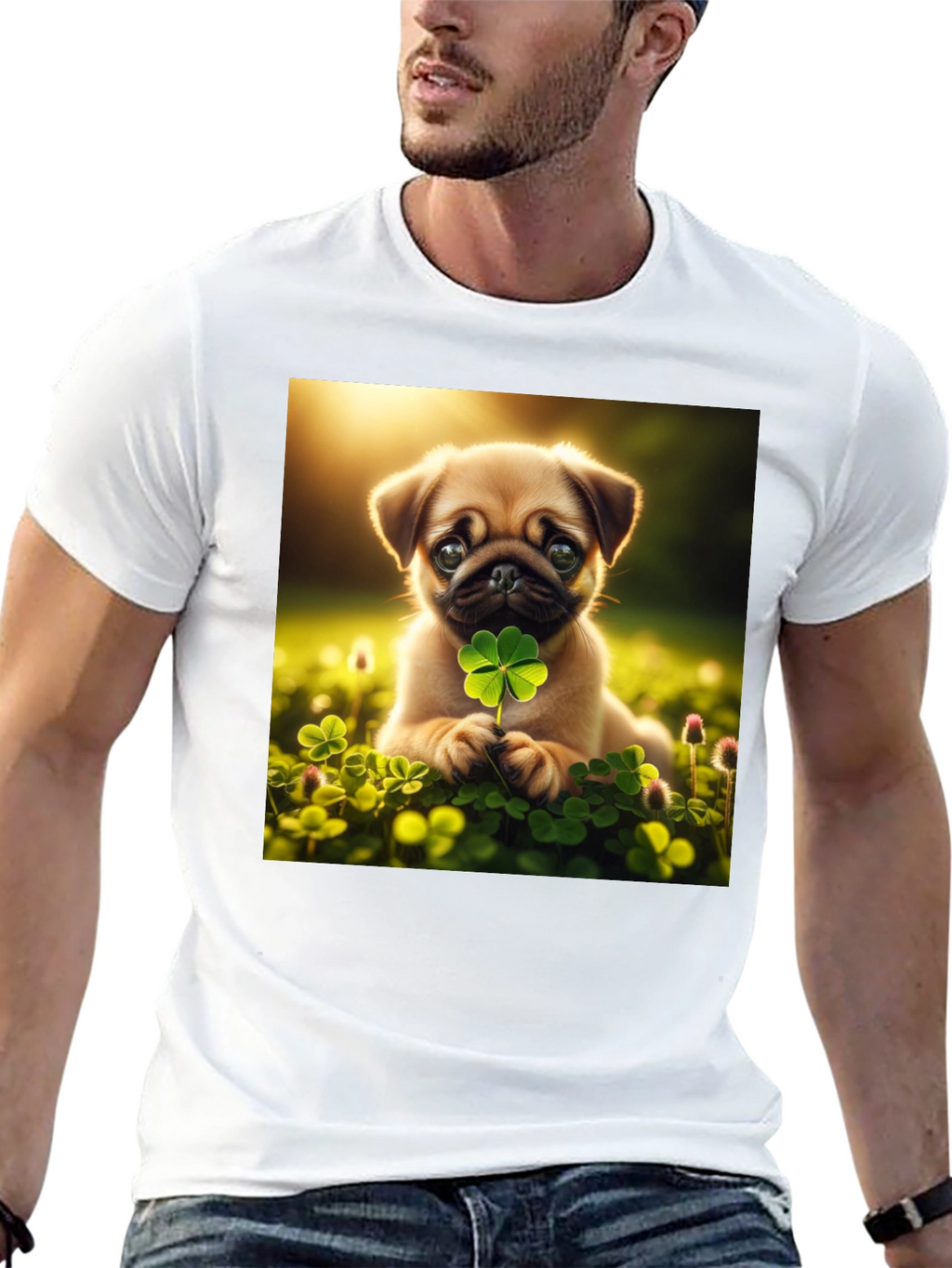 Lucky Pug Graphic Tee - Four Leaf Clover Design