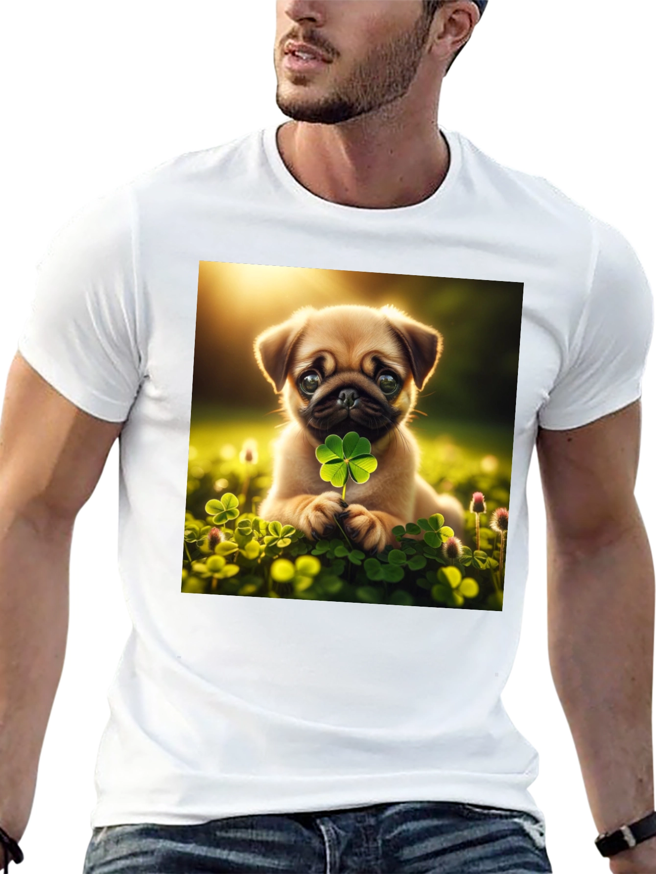 Lucky Pug Graphic Tee - Four Leaf Clover Design