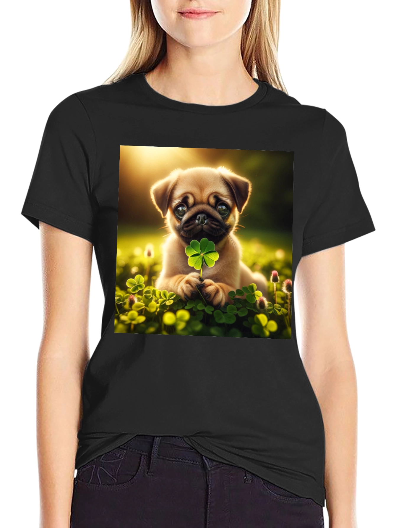 Lucky Pug Graphic Tee - Four Leaf Clover Design
