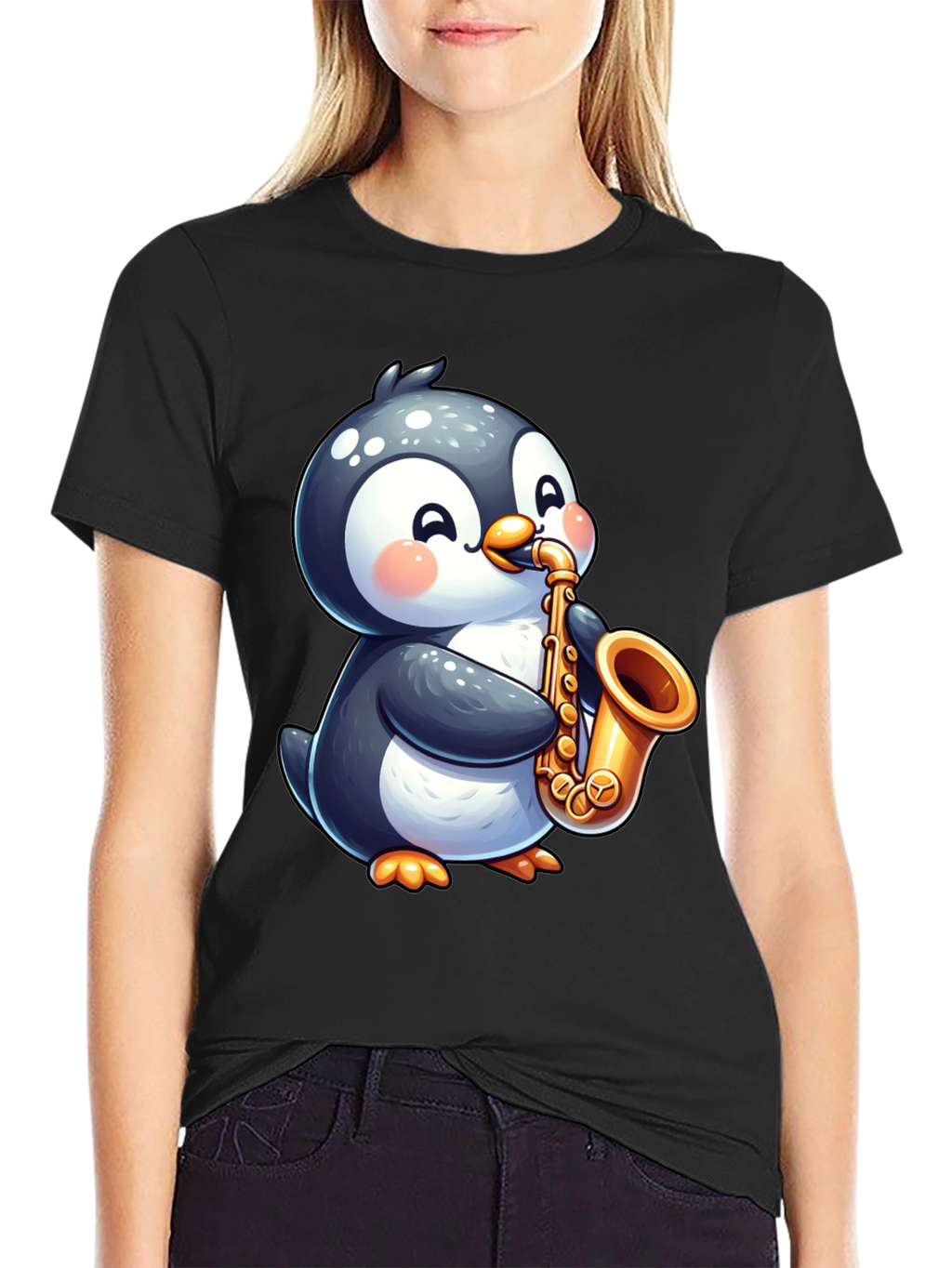 Penguin Saxophone Black T-Shirt - Musician Style