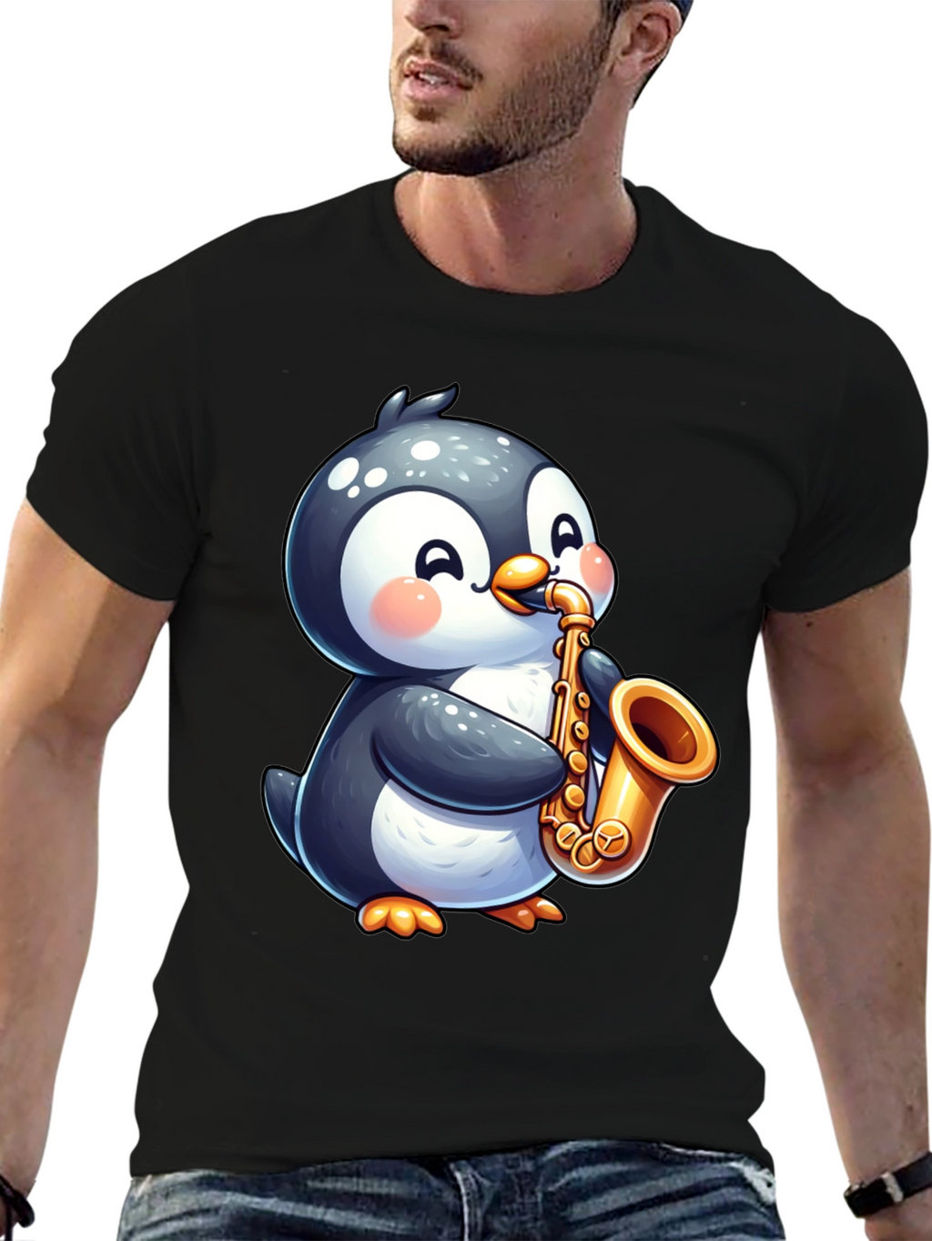 Penguin Saxophone Black T-Shirt - Musician Style
