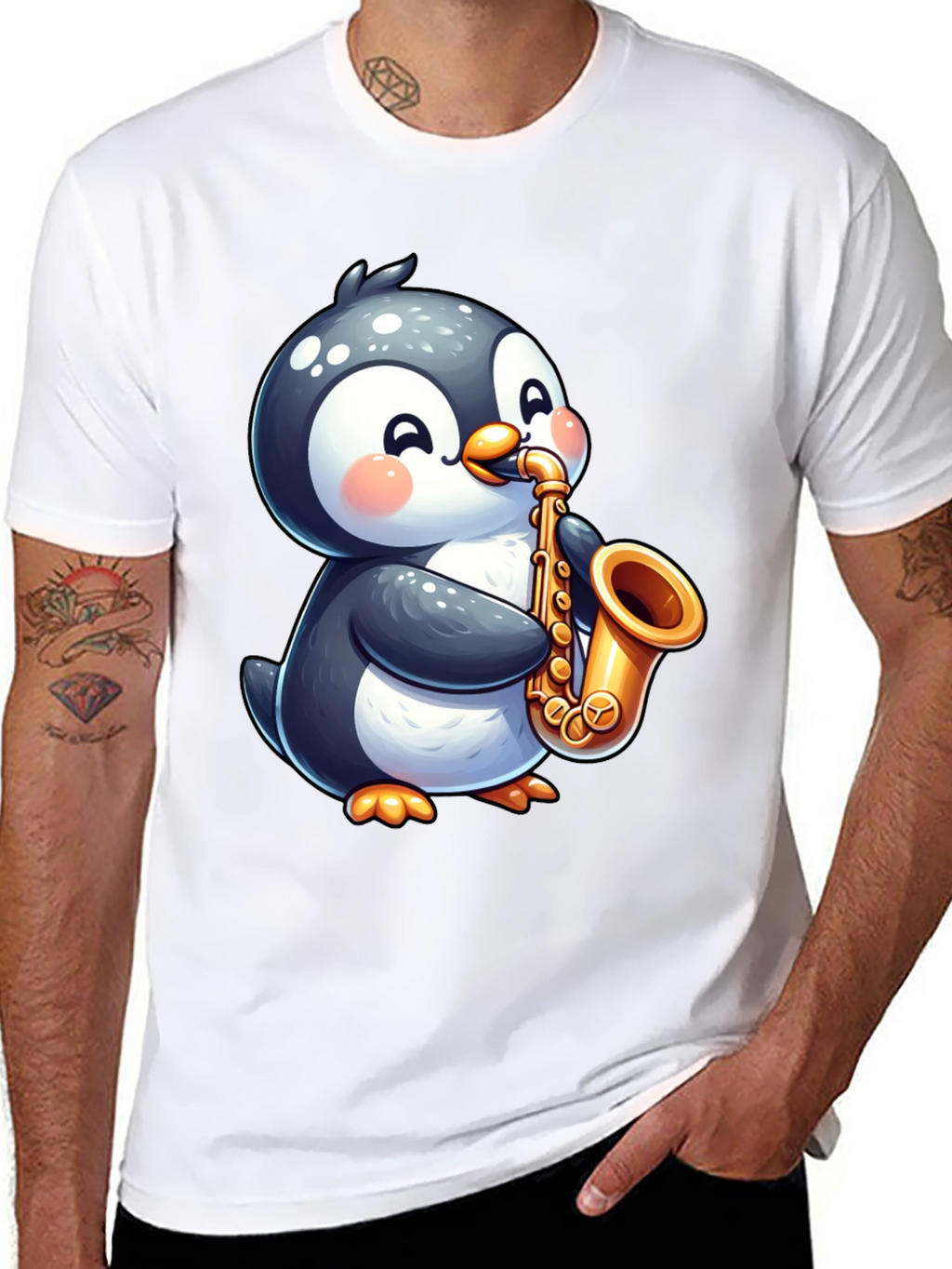 Penguin Saxophone Black T-Shirt - Musician Style