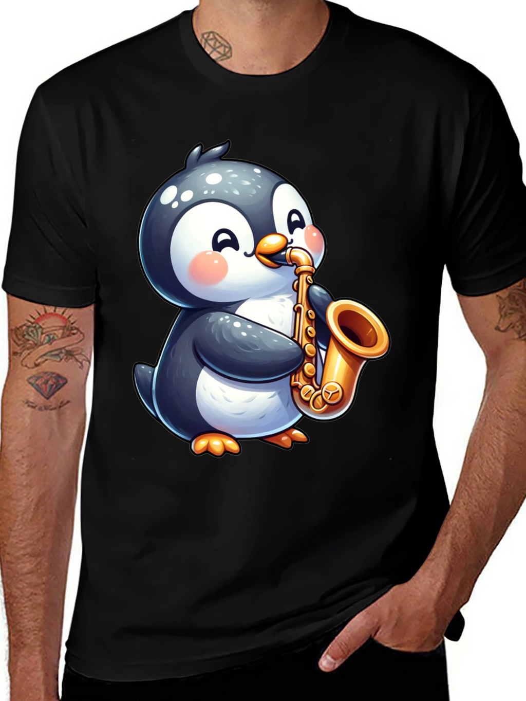 Penguin Saxophone Black T-Shirt - Musician Style