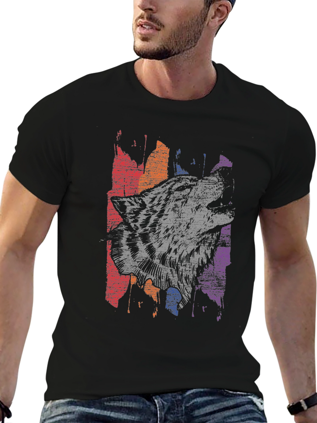 Wolf Graphic Print Mens Black T-Shirt