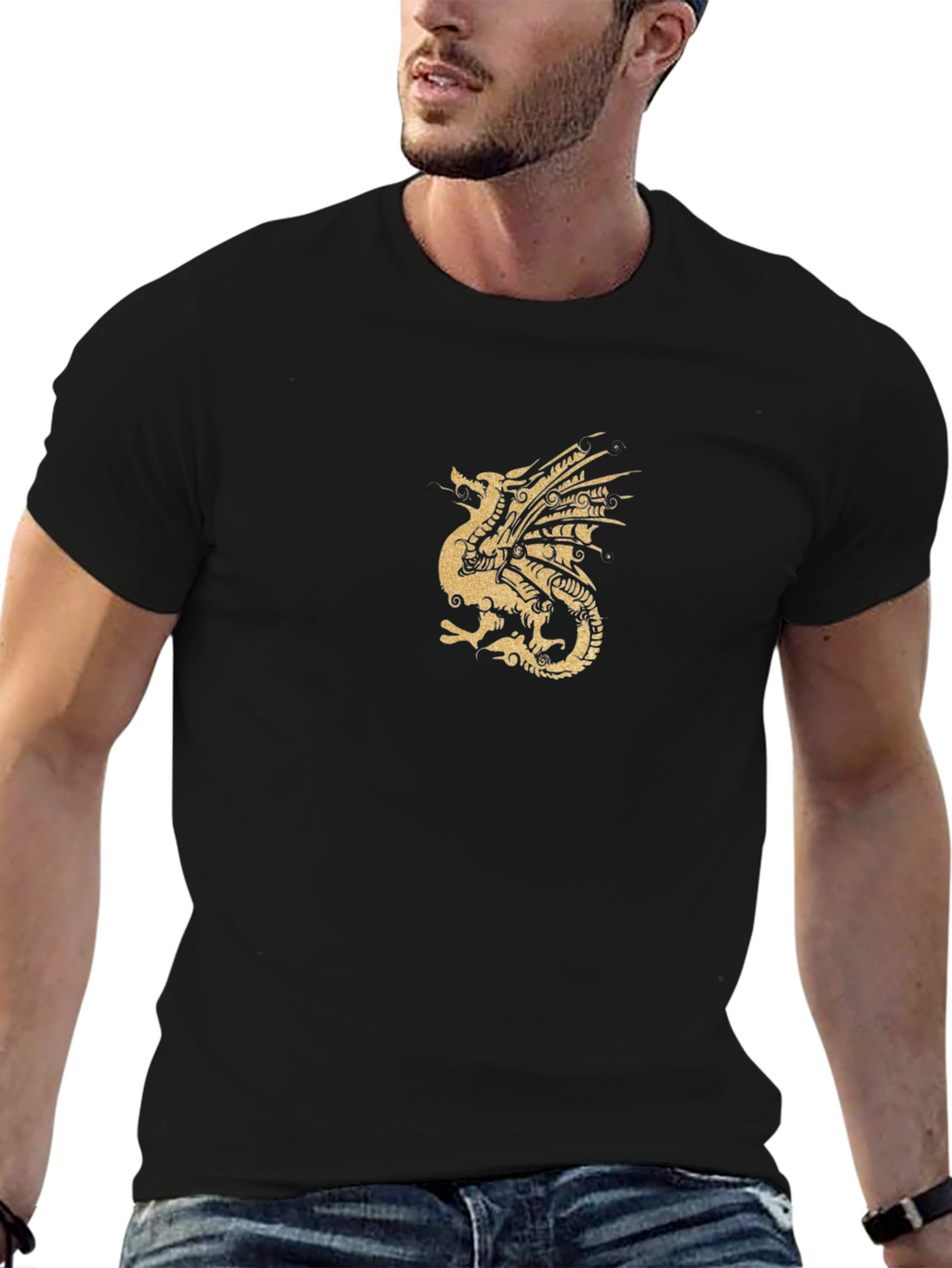 Black T-Shirt with Golden Dragon Print
