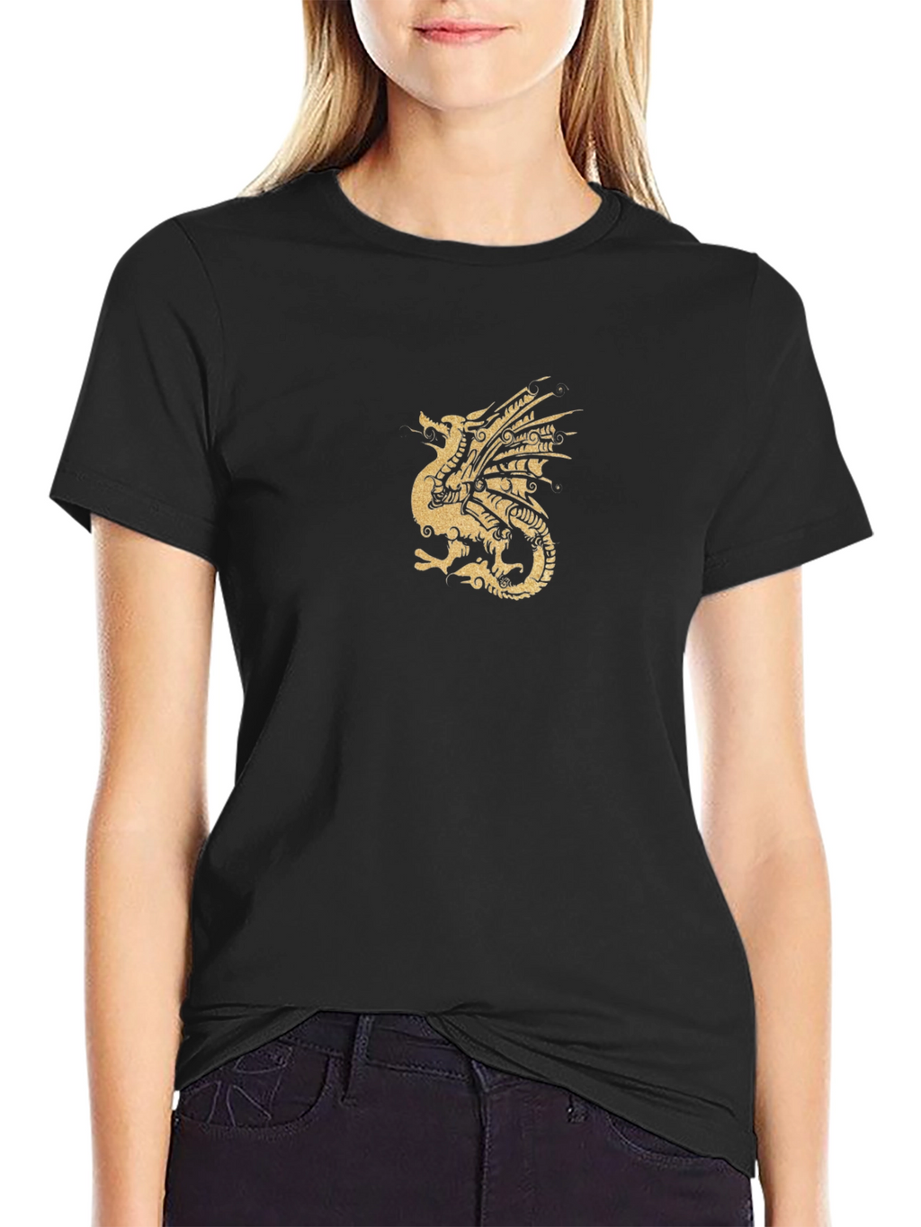 Black T-Shirt with Golden Dragon Print
