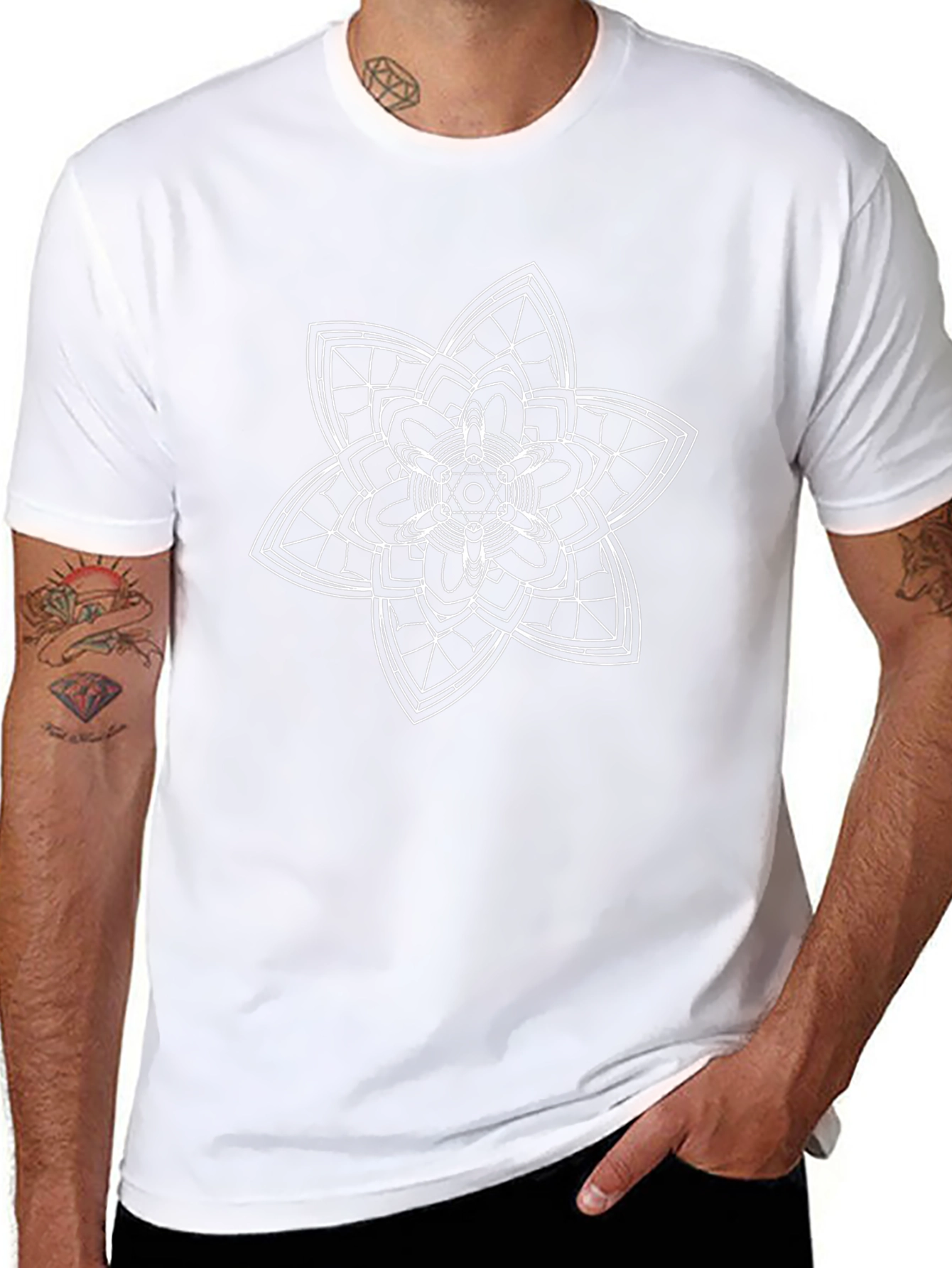 Black T-Shirt with White Geometric Flower Design