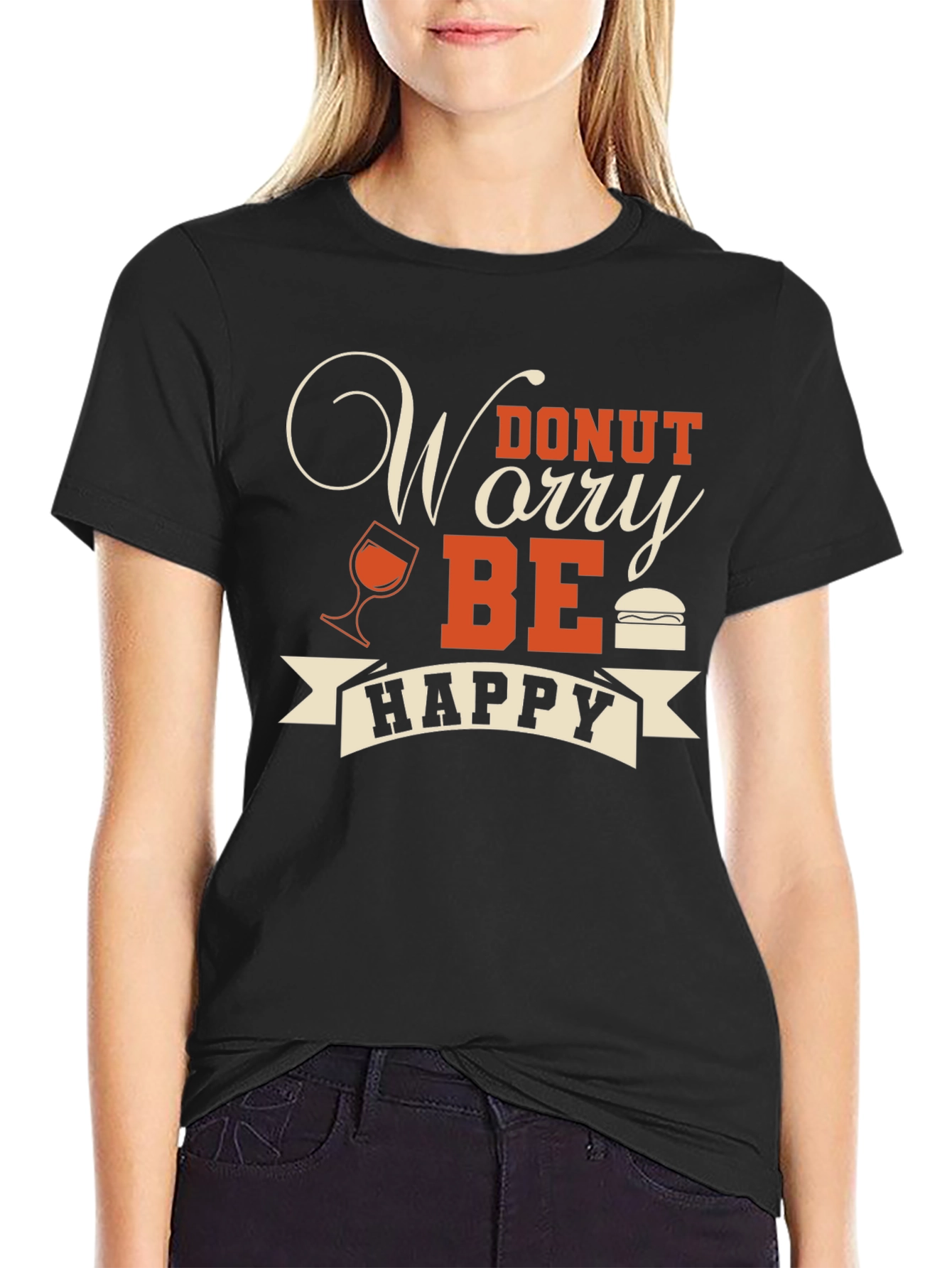 Donut Worry Be Happy Graphic T-Shirt - Black