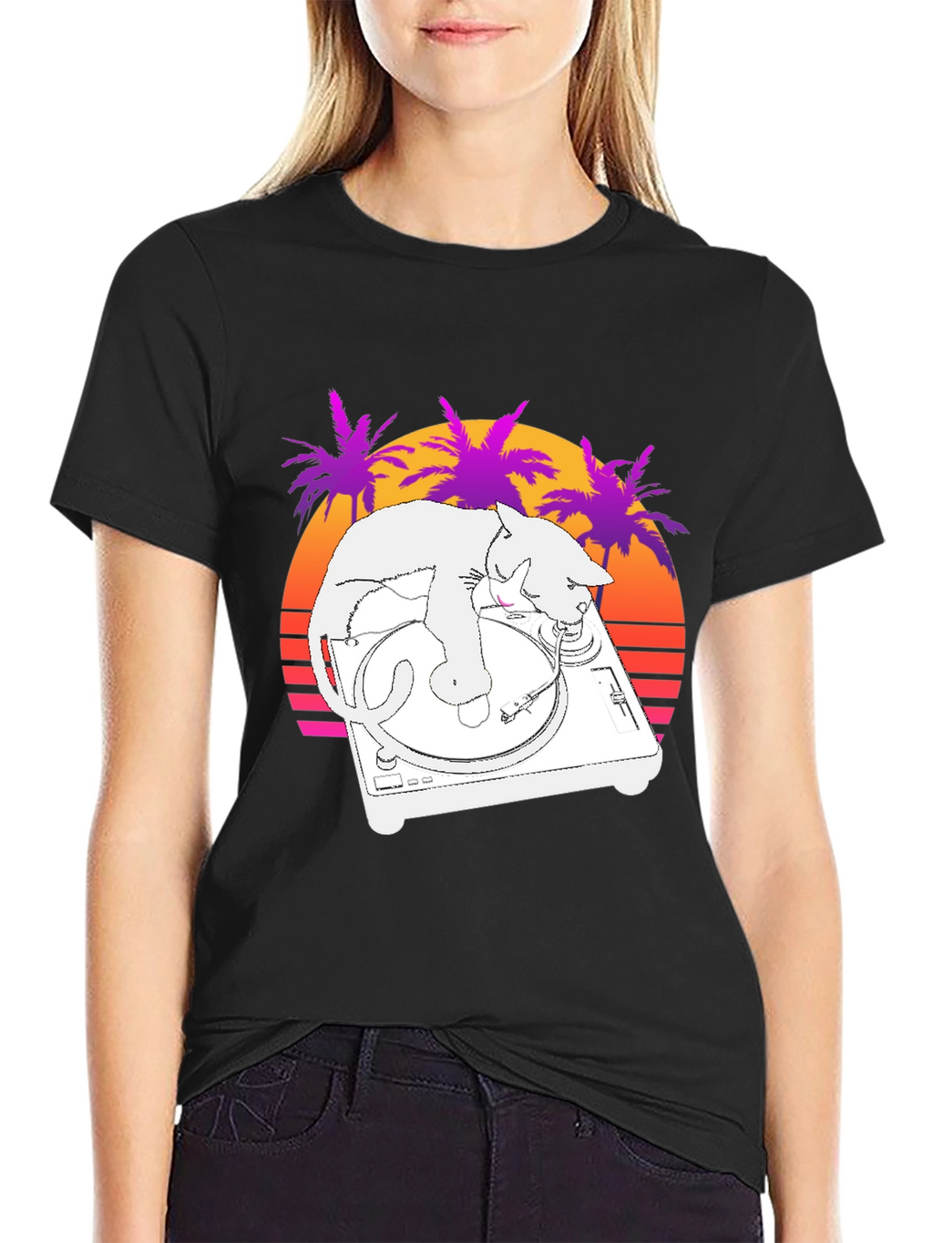 DJ Cat T-Shirt - Retro Sunset Style