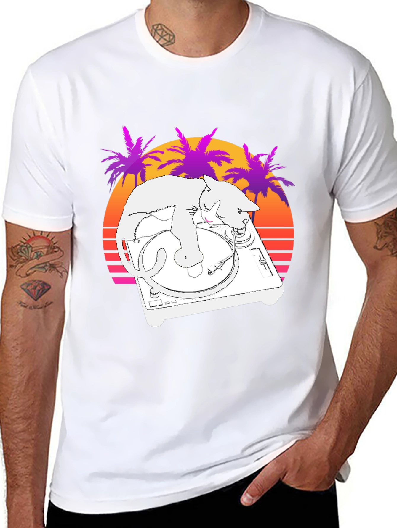DJ Cat T-Shirt - Retro Sunset Style