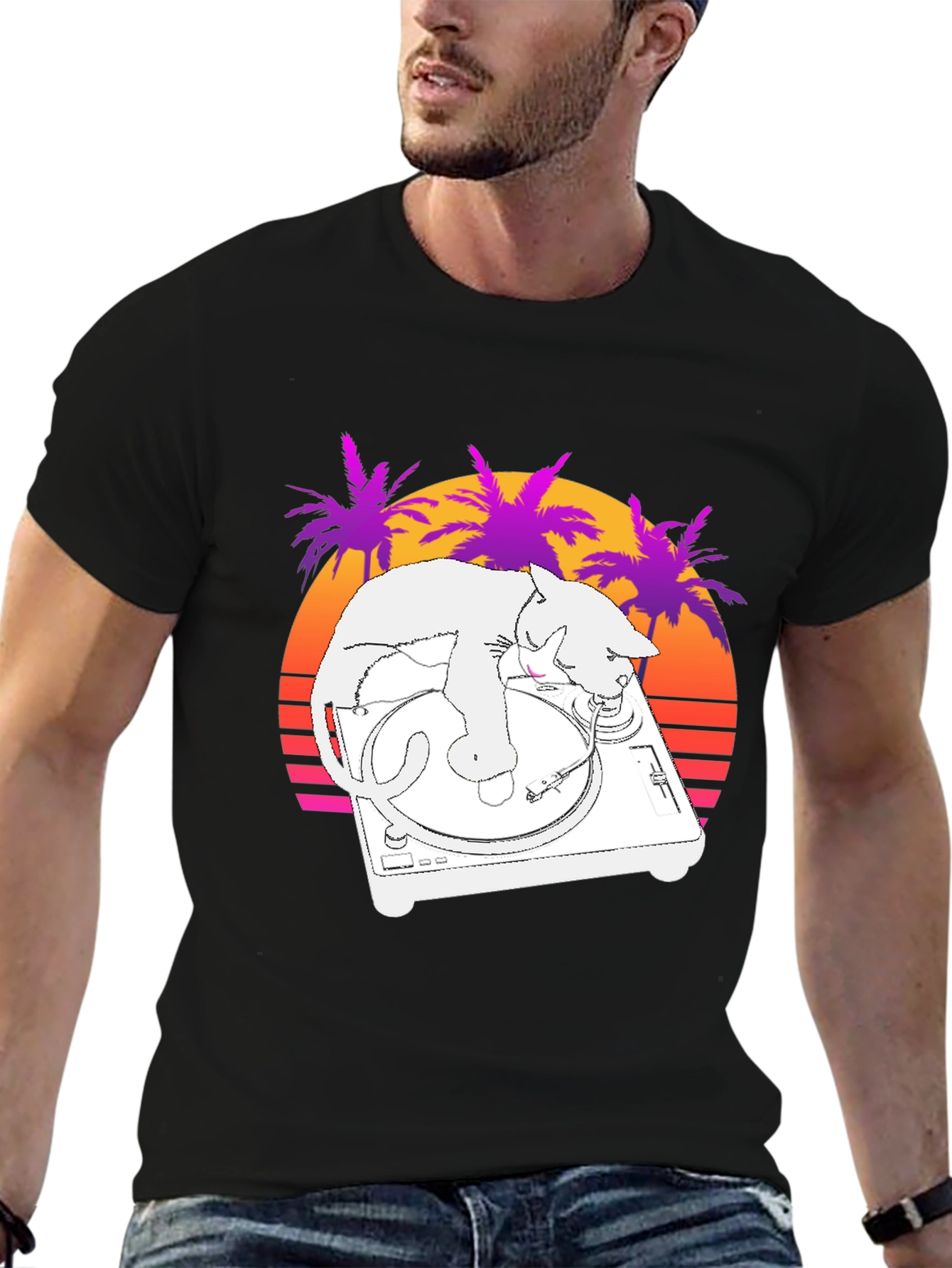 DJ Cat T-Shirt - Retro Sunset Style