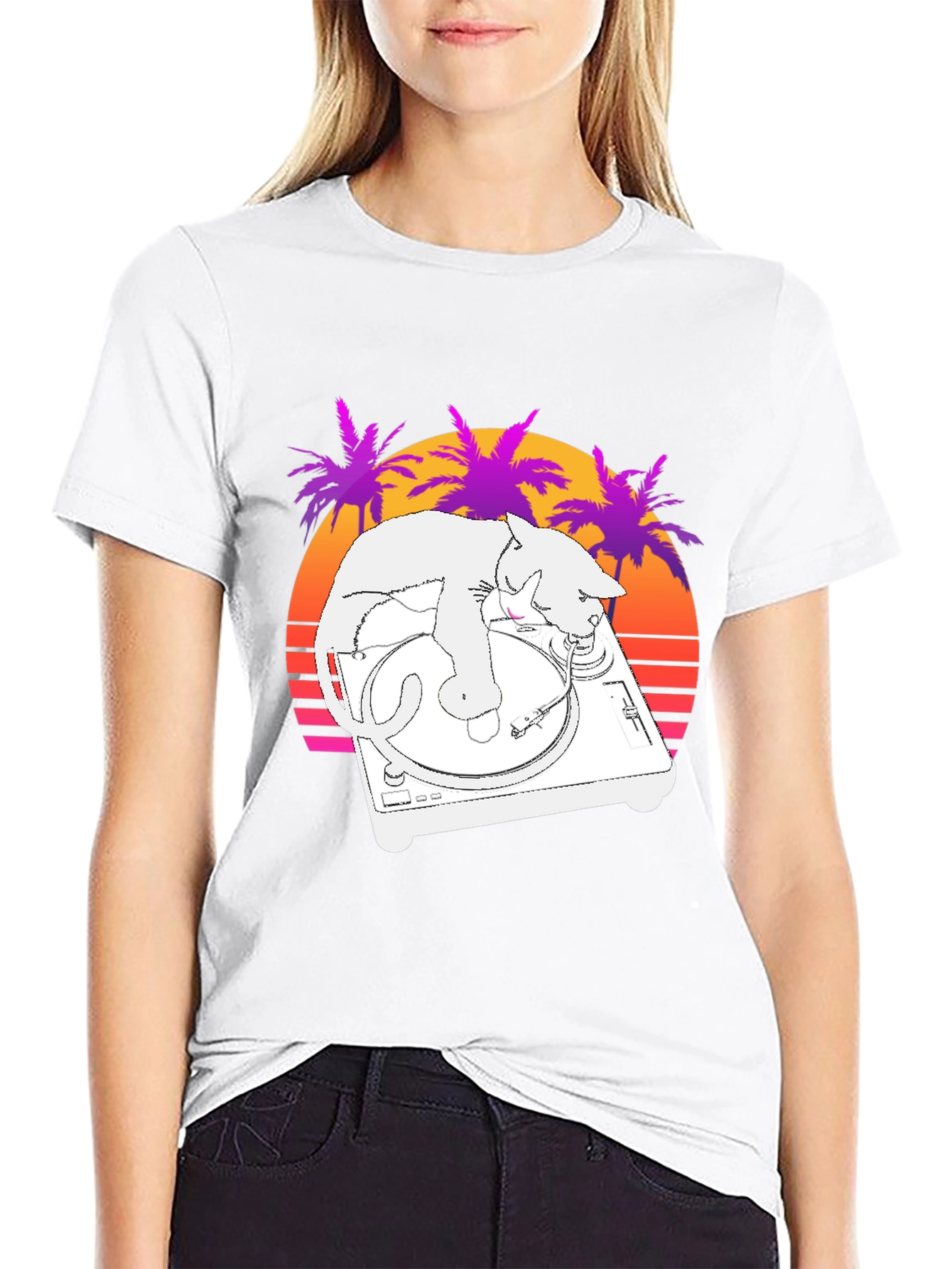 DJ Cat T-Shirt - Retro Sunset Style