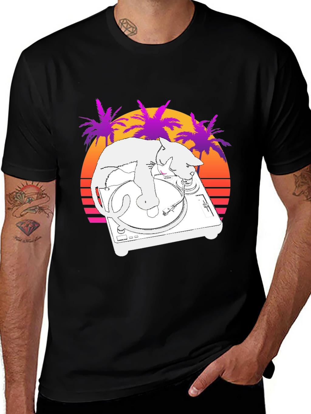 DJ Cat T-Shirt - Retro Sunset Style