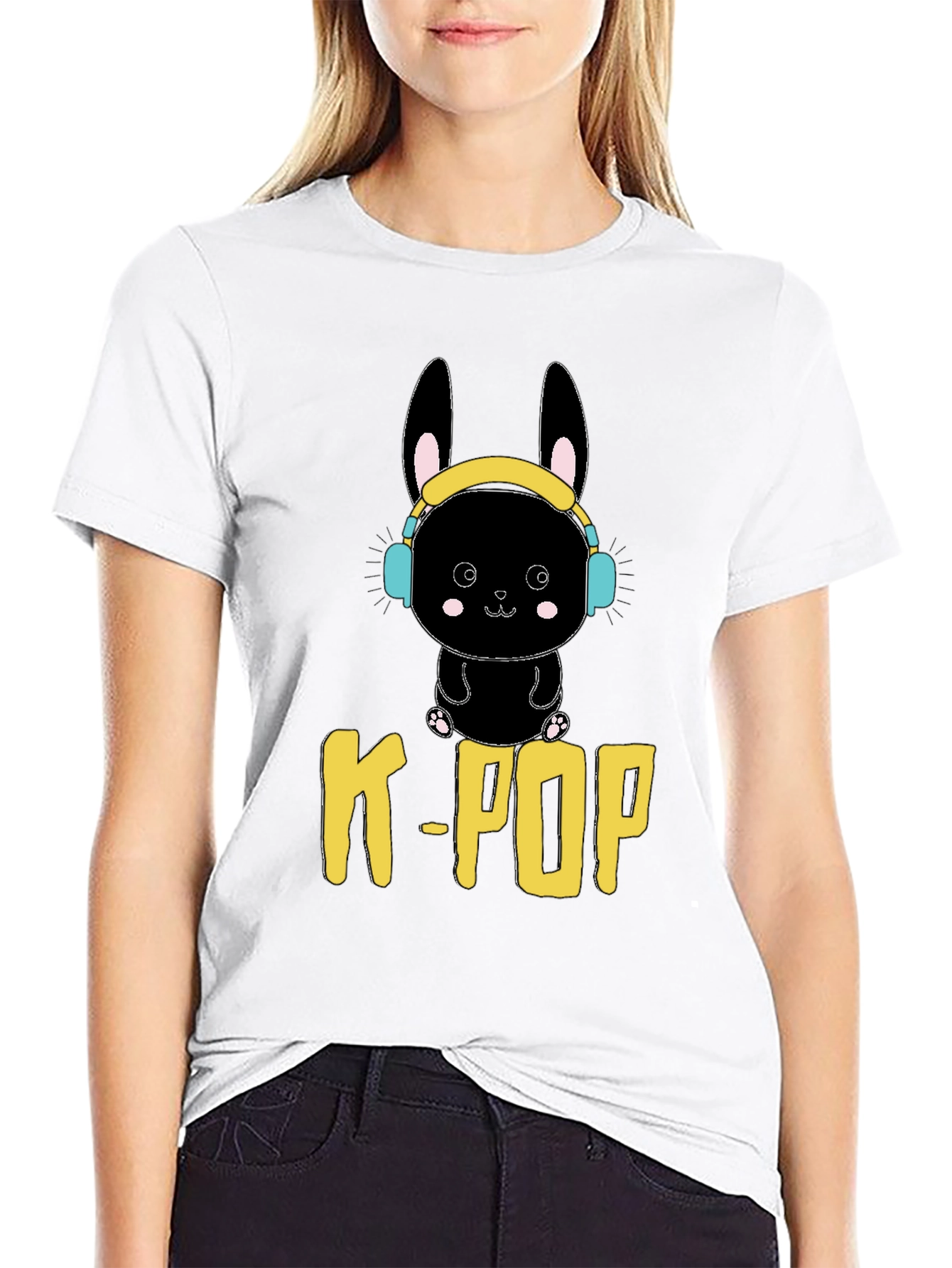 K-Pop Bunny Graphic Tee - Black