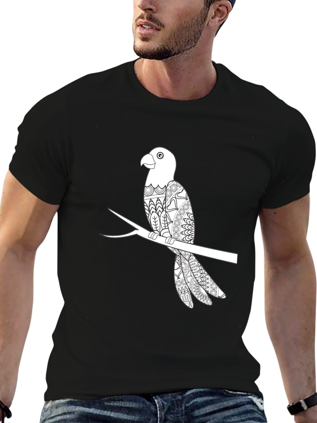 Mens Black Parrot Graphic T-Shirt