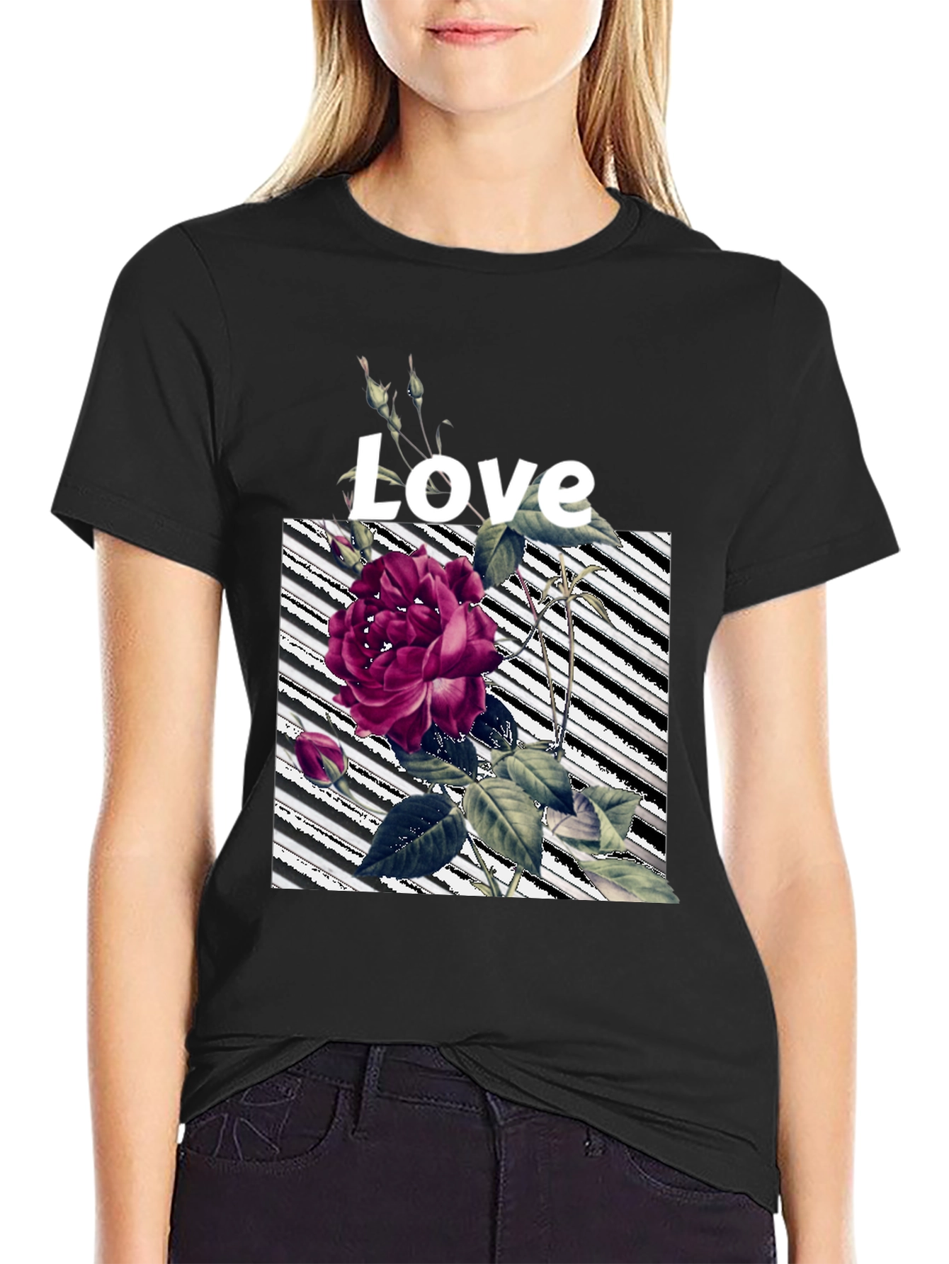 Floral Love Graphic Black T-Shirt