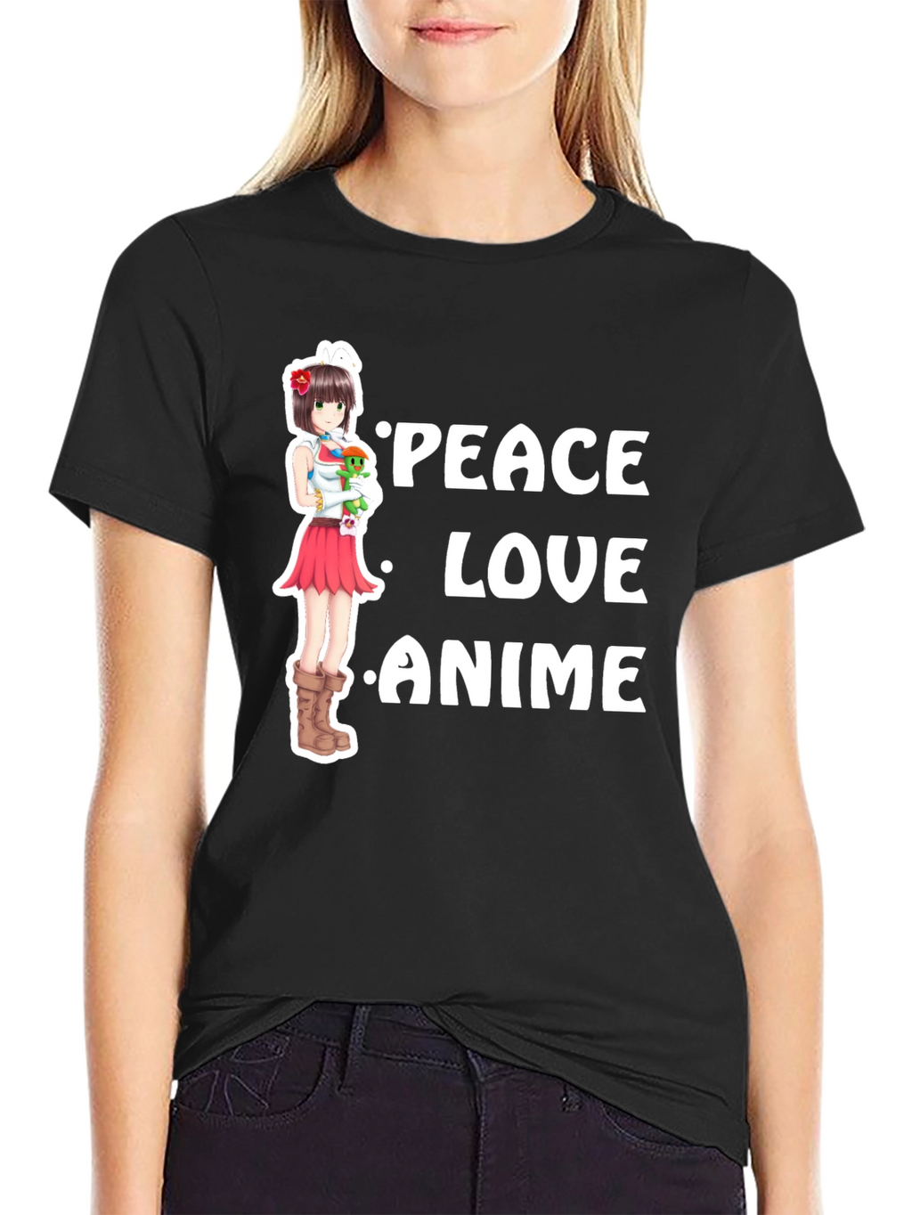 Peace Love Anime Black T-Shirt