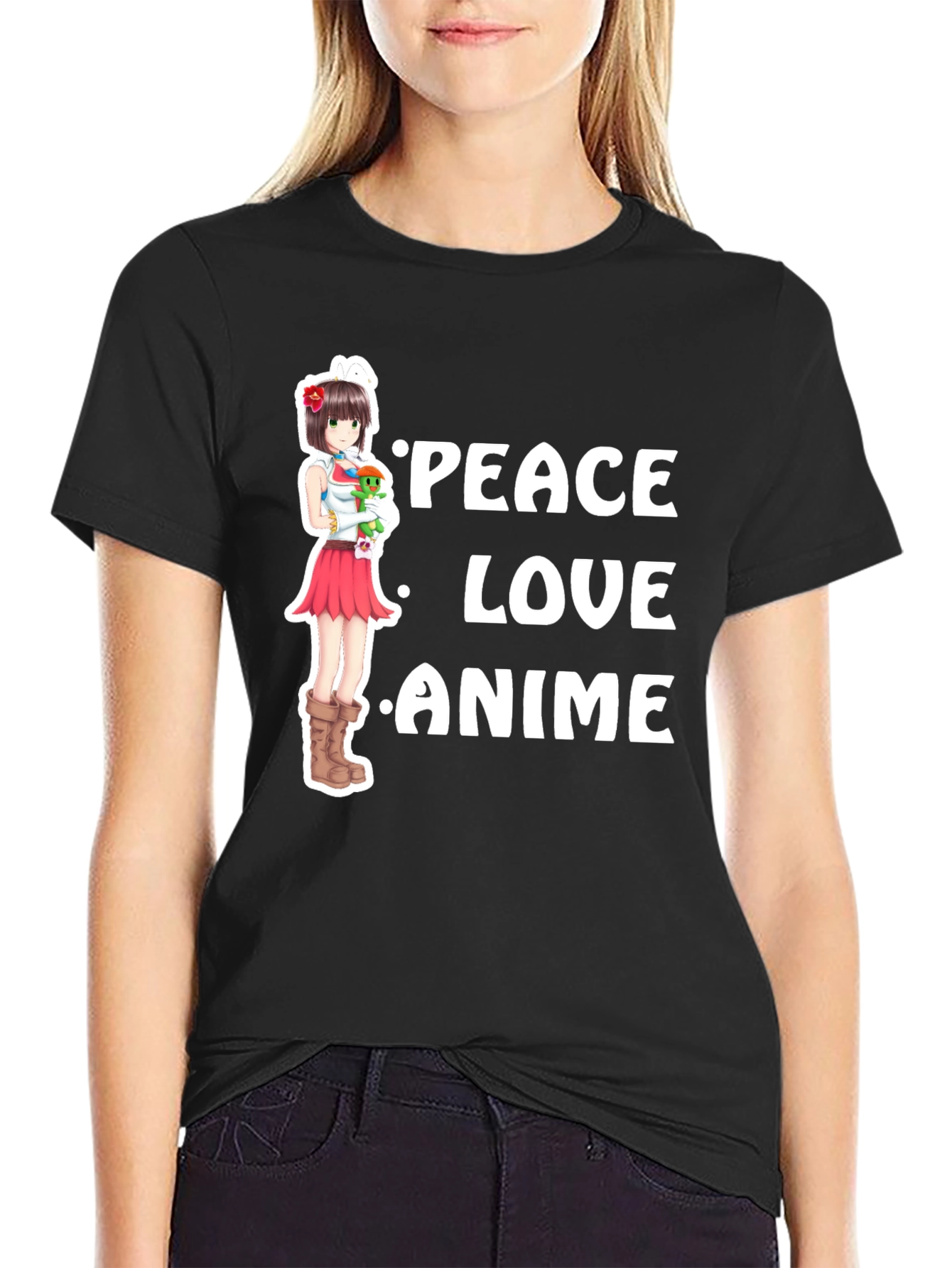 Peace Love Anime Black T-Shirt