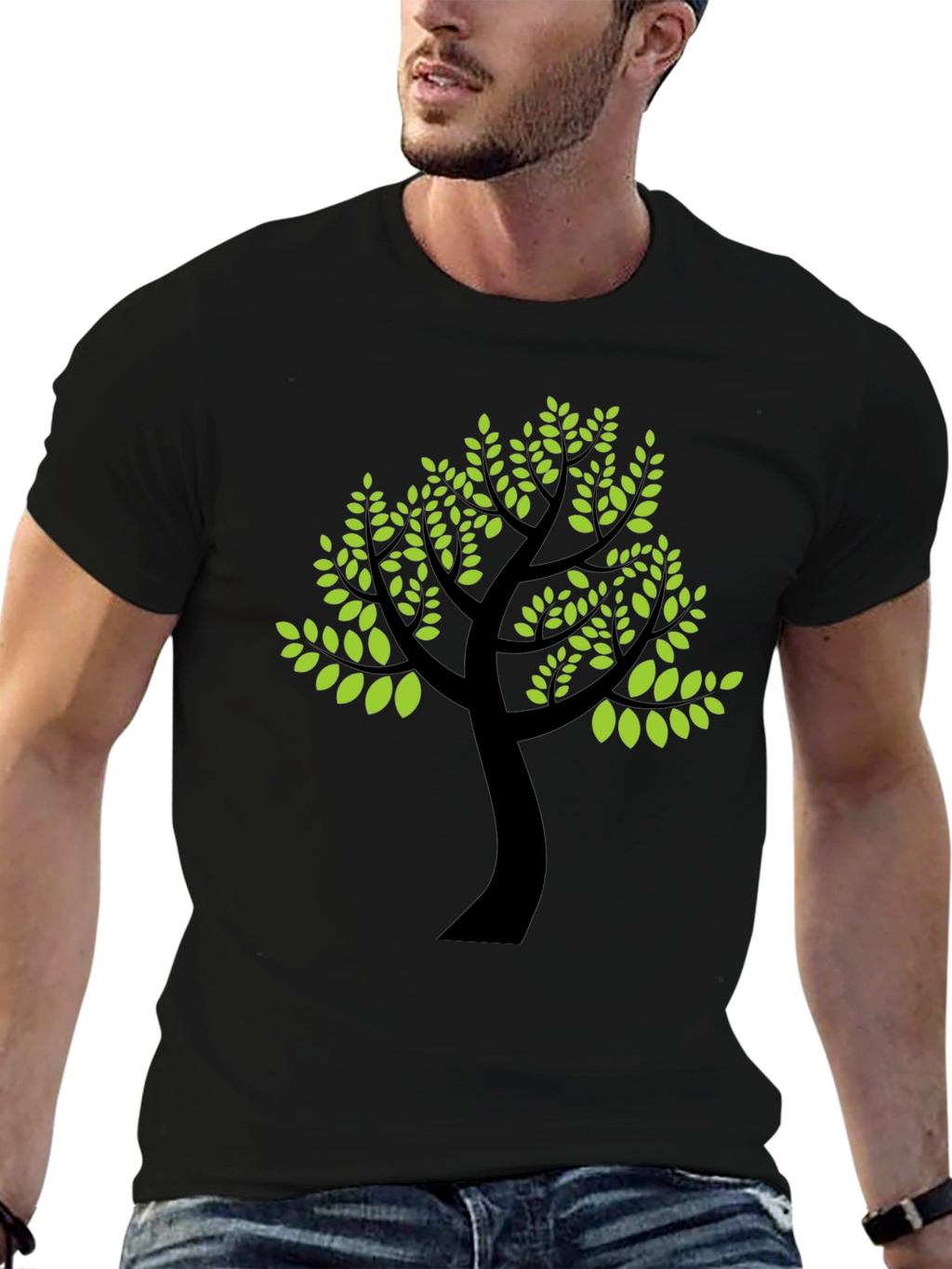 Black T-Shirt with Green Tree Print