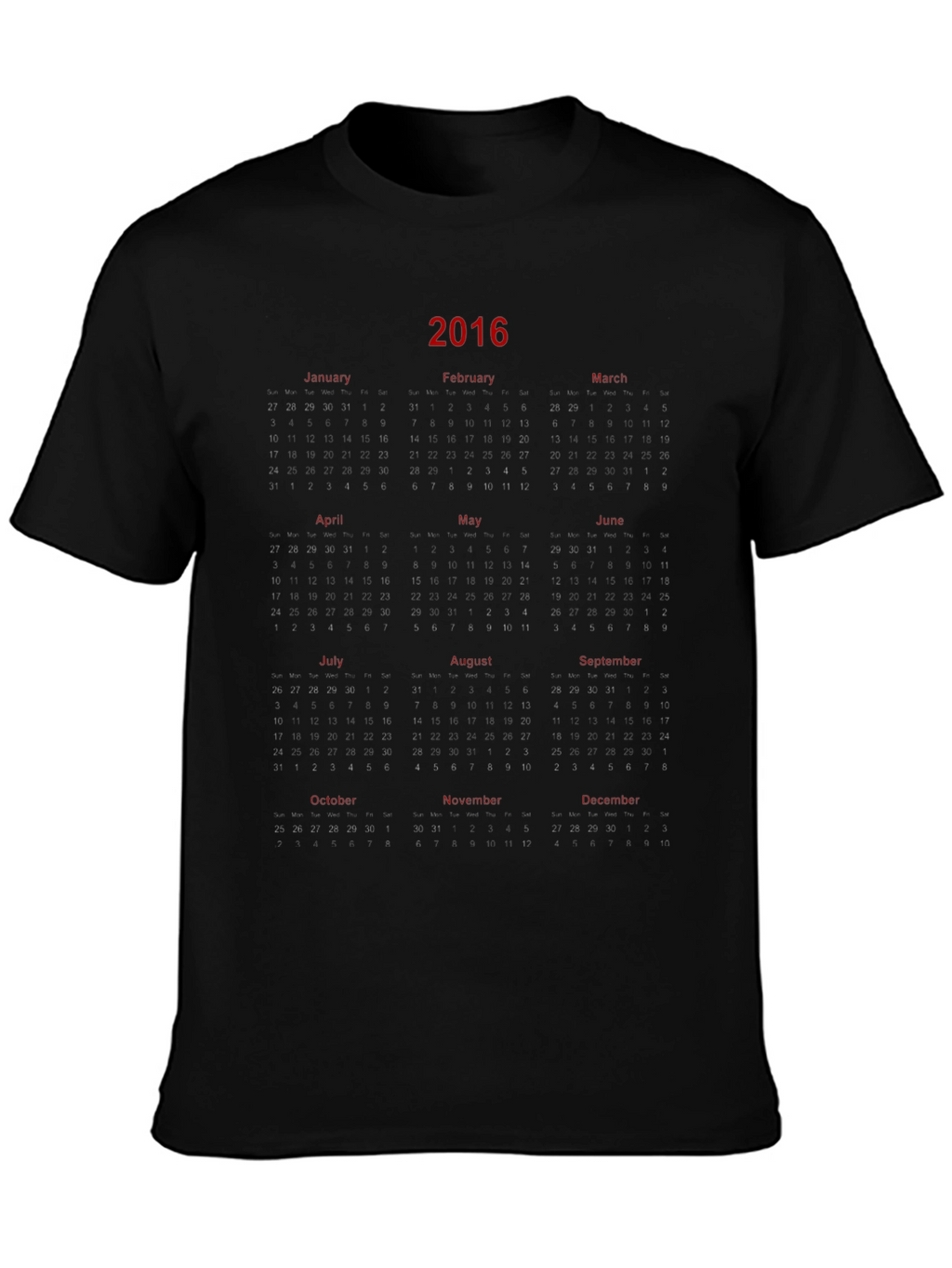 2016 Calendar Graphic Print Black T-Shirt