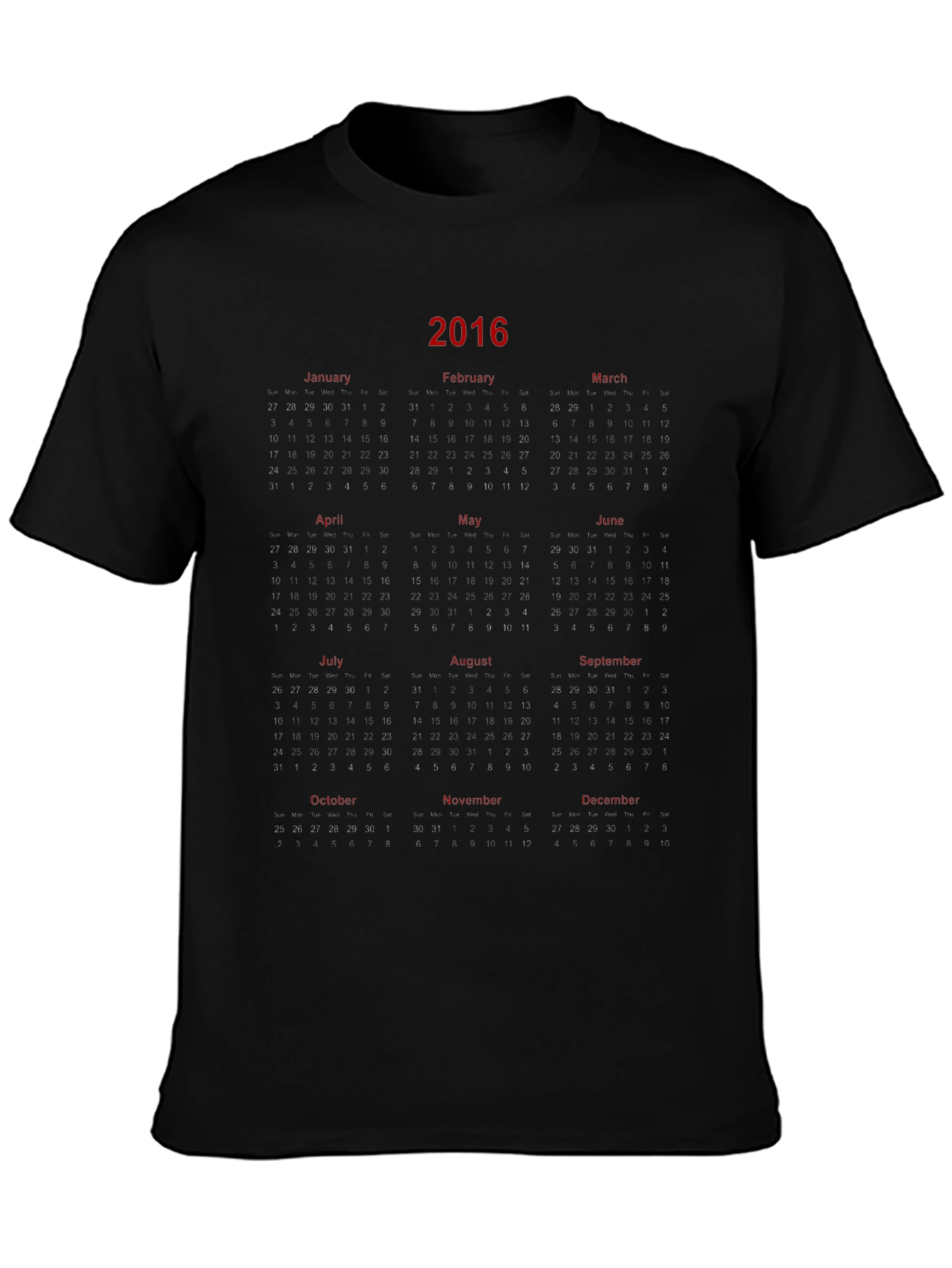 2016 Calendar Graphic Print Black T-Shirt