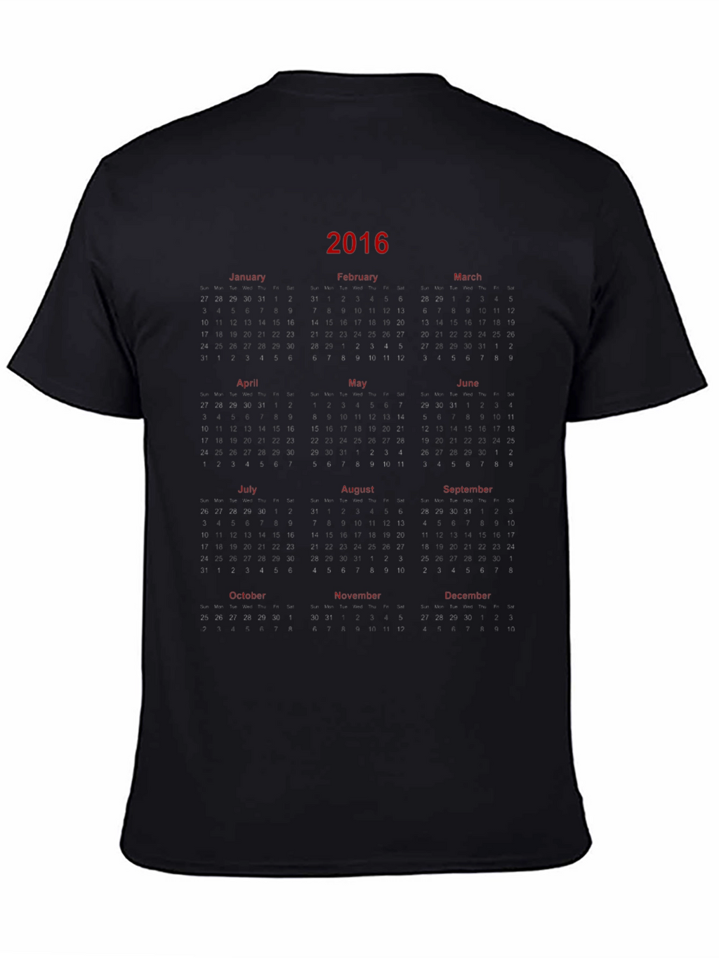 2016 Calendar Graphic Print Black T-Shirt
