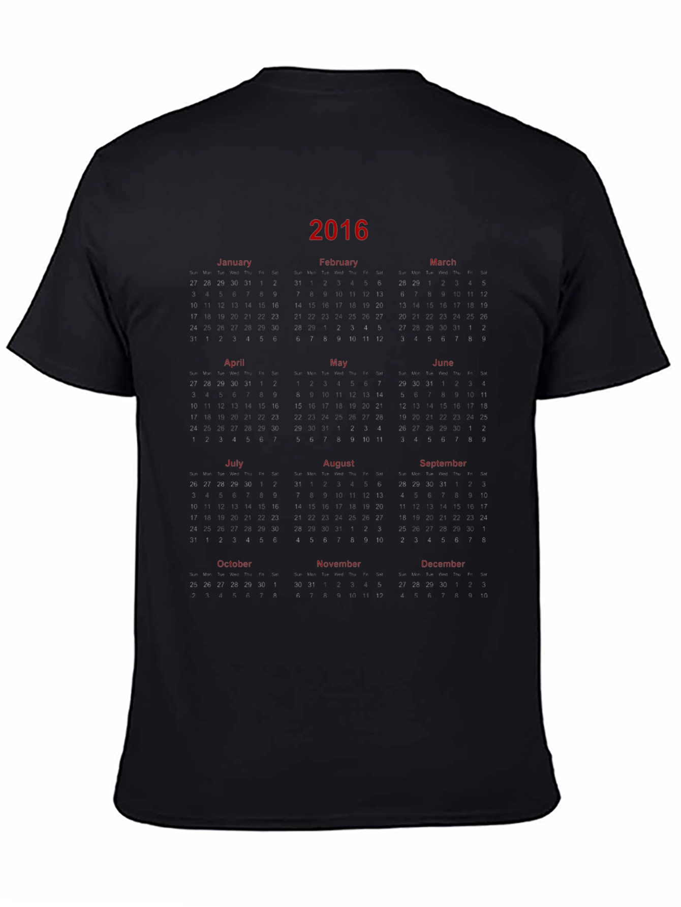 2016 Calendar Graphic Print Black T-Shirt