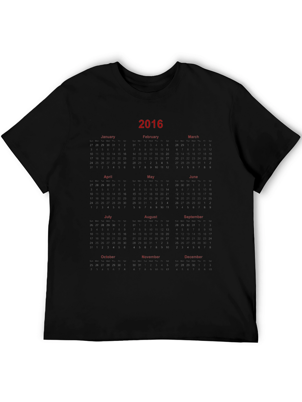 2016 Calendar Graphic Print Black T-Shirt