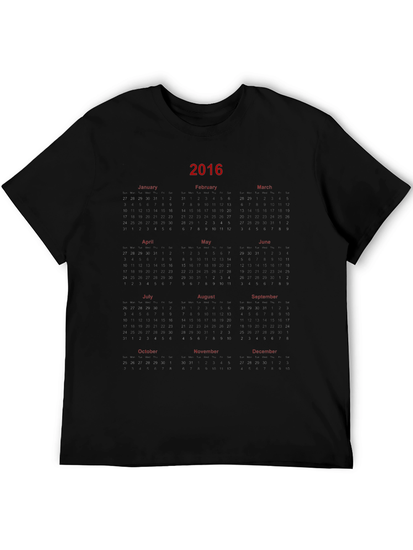 2016 Calendar Graphic Print Black T-Shirt