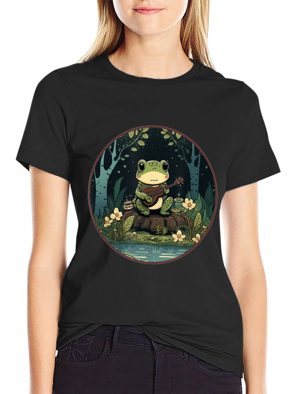 Frog Musician Graphic Tee - Black Cotton T-Shirt