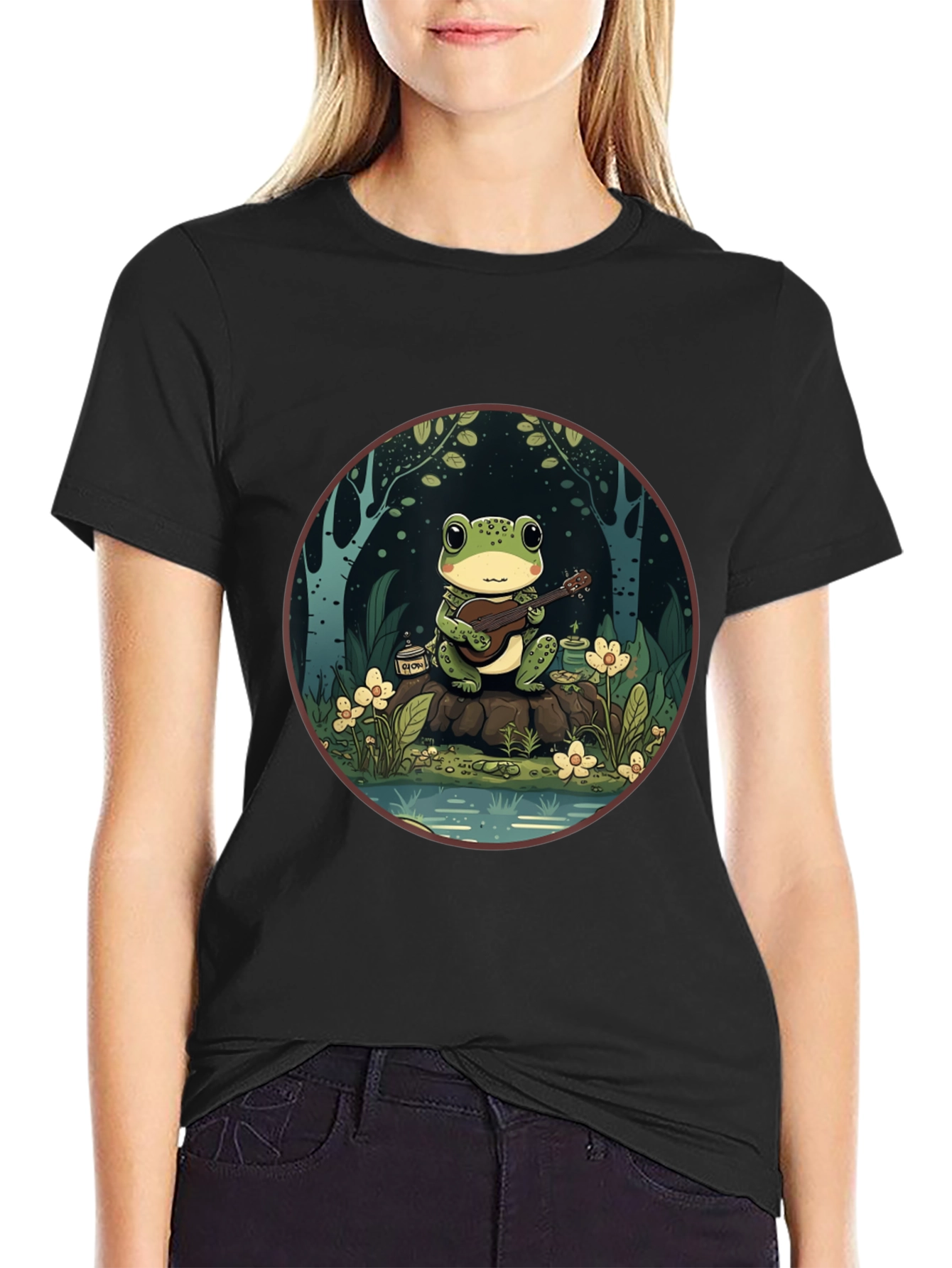 Frog Musician Graphic Tee - Black Cotton T-Shirt