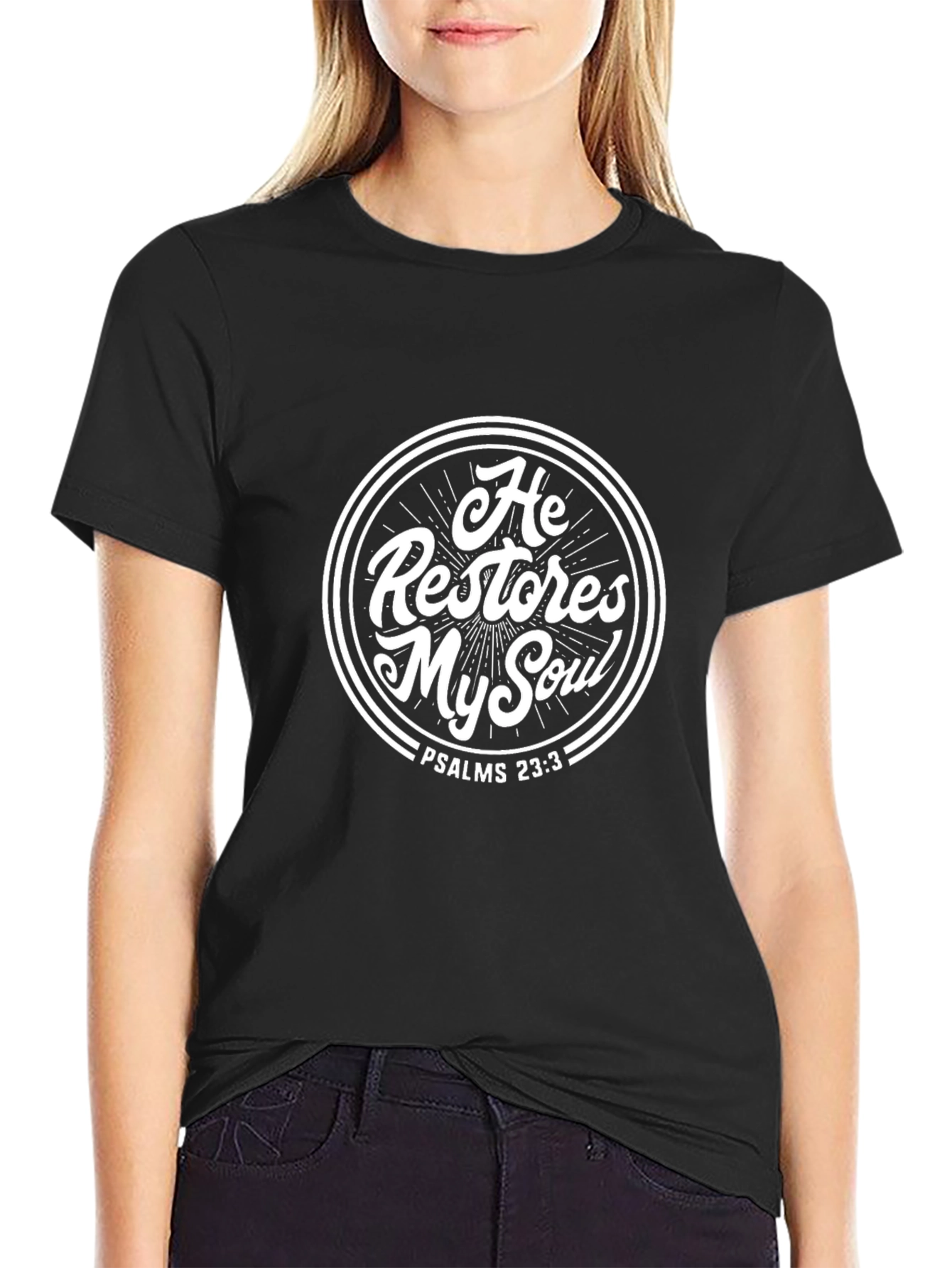 He Restores My Soul T-Shirt - Psalms 23:3 Black Graphic Tee