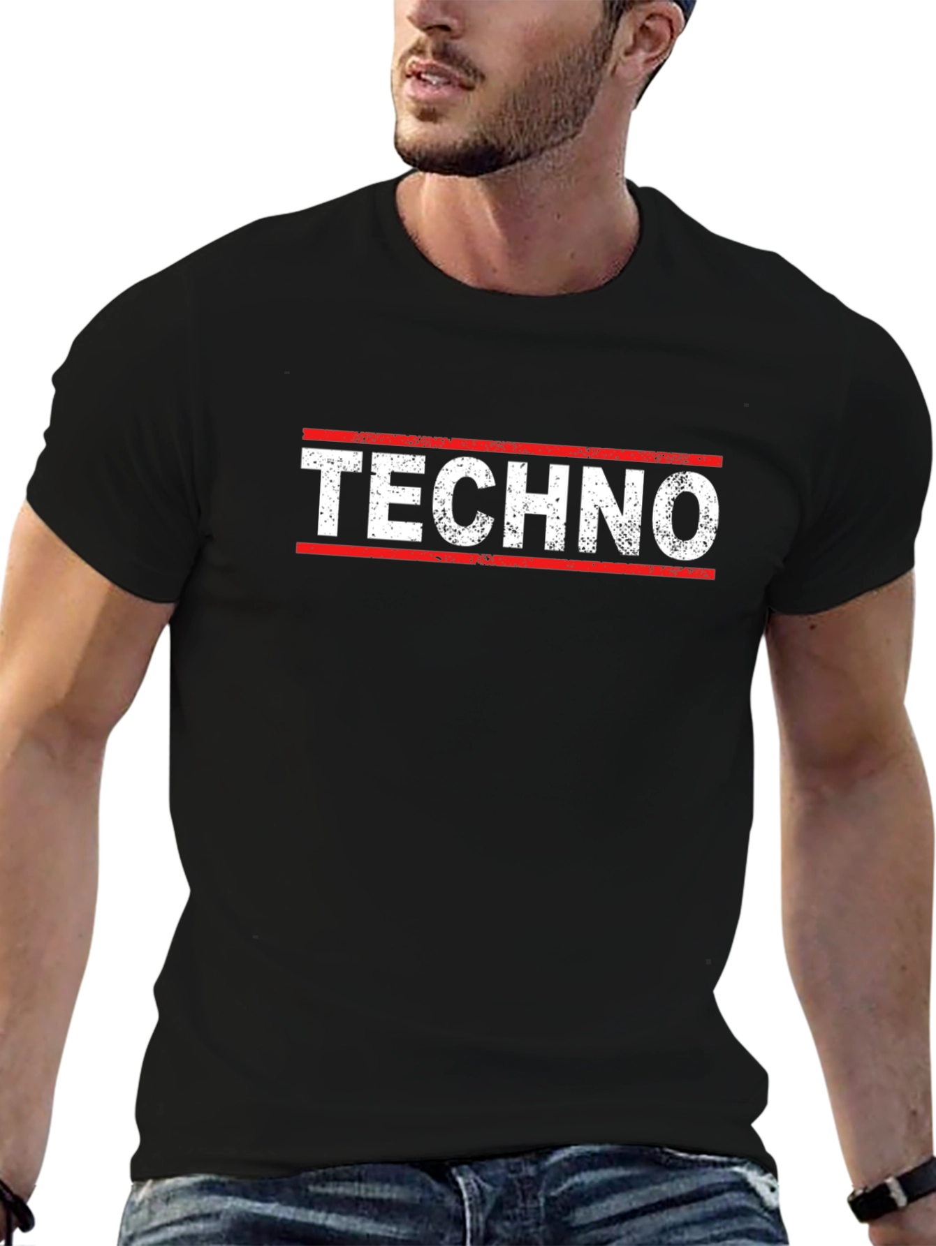 Techno T-Shirt - Red & White Design on Black